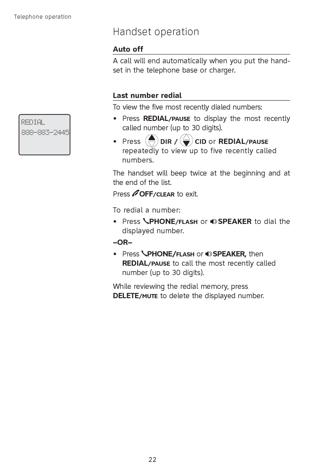 AT&T SL82558 user manual Auto off, Last number redial 