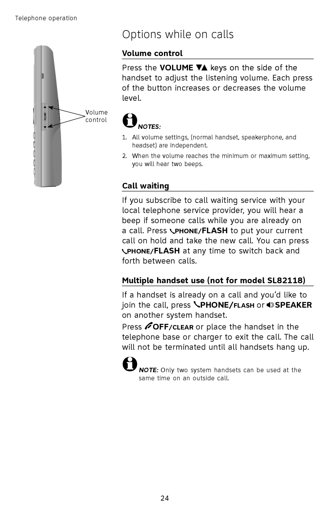 AT&T SL82558 user manual Options while on calls, Call waiting, Multiple handset use not for model SL82118 