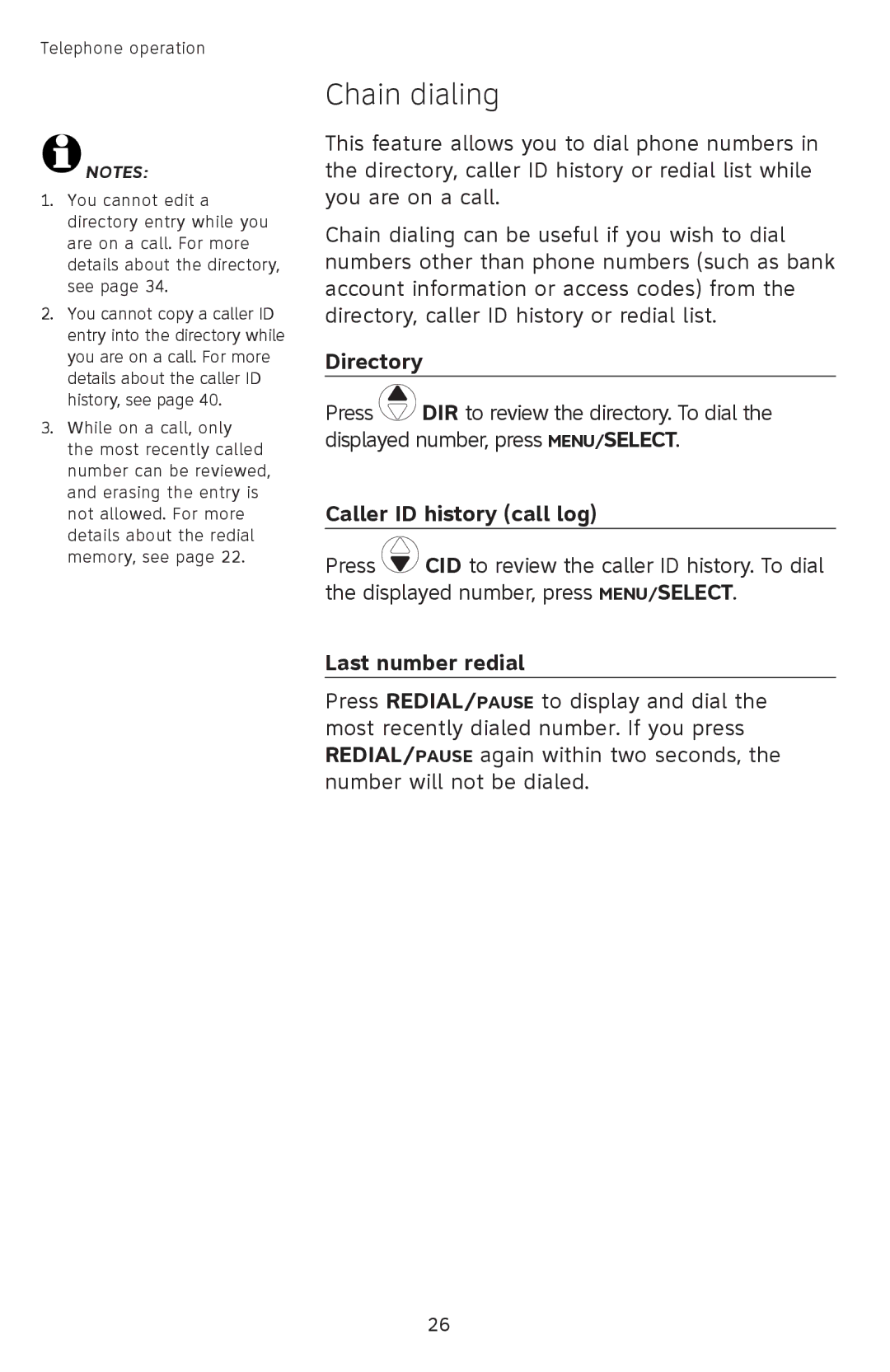 AT&T SL82558 user manual Chain dialing, Directory, Caller ID history call log 