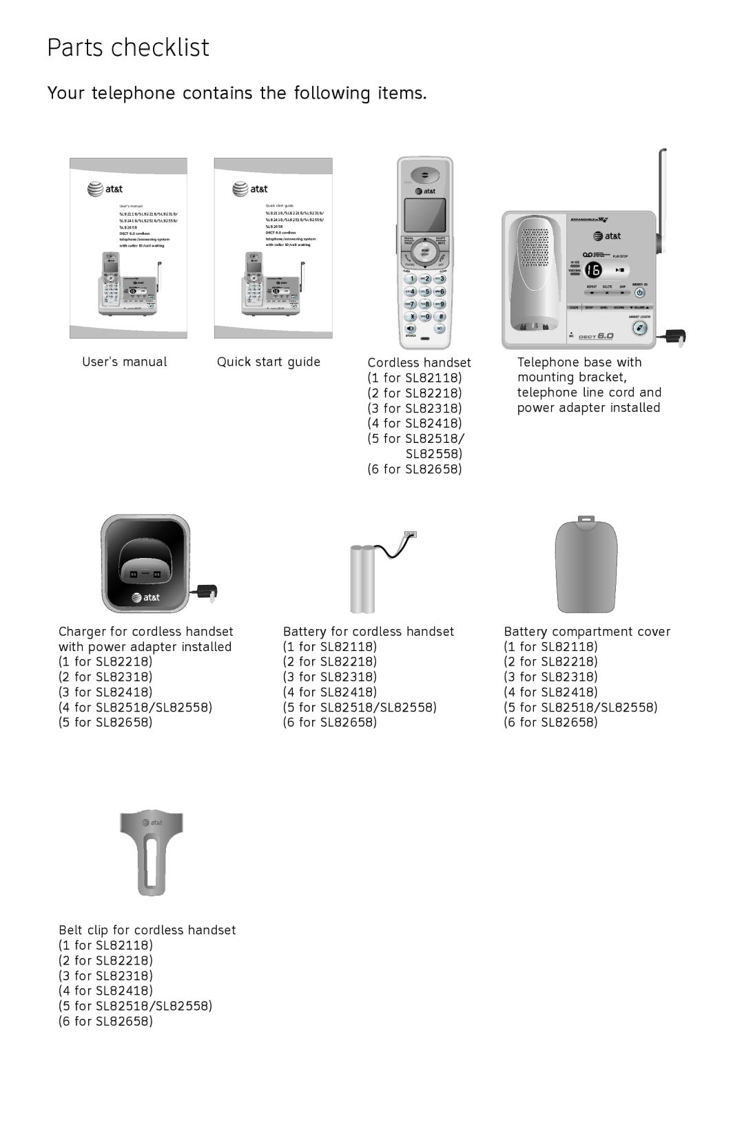 AT&T SL82558 user manual Parts checklist, Your telephone contains the following items 