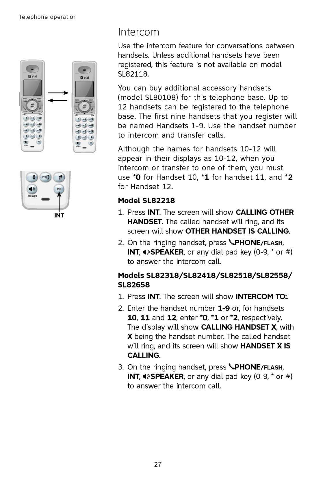 AT&T user manual Intercom, Model SL82218, Models SL82318/SL82418/SL82518/SL82558/ SL82658 