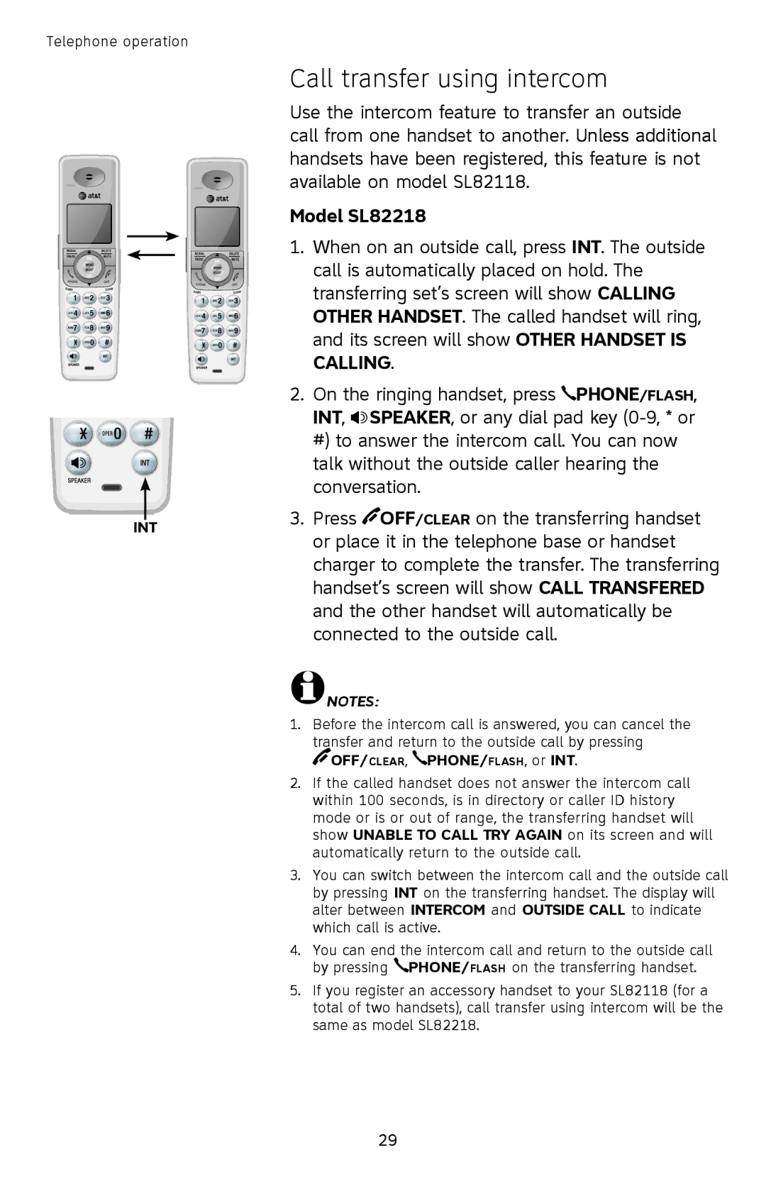 AT&T SL82558 user manual Call transfer using intercom, OFF/CLEAR, PHONE/FLASH, or INT 