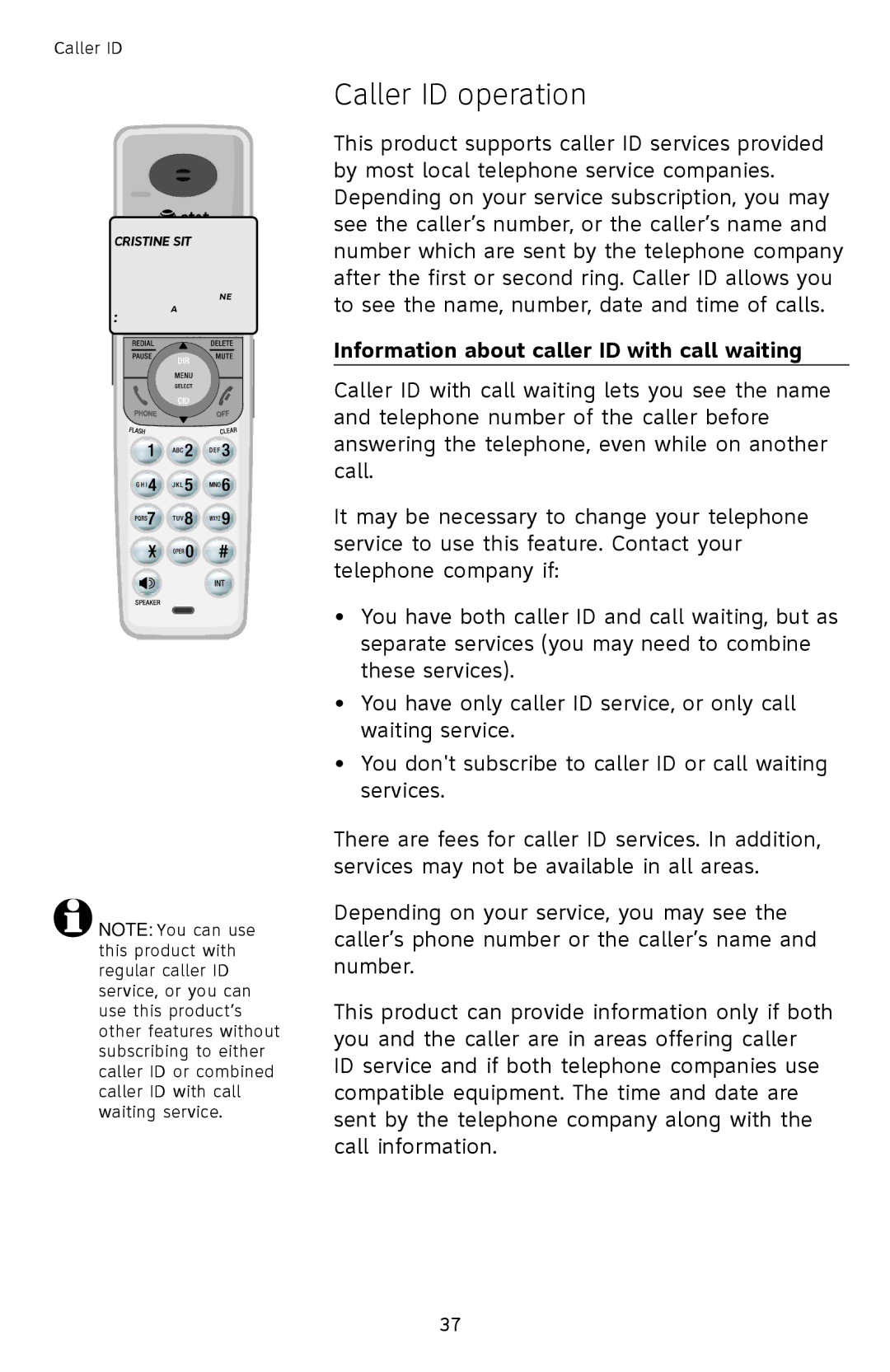 AT&T SL82558 user manual Caller ID operation, Information about caller ID with call waiting 