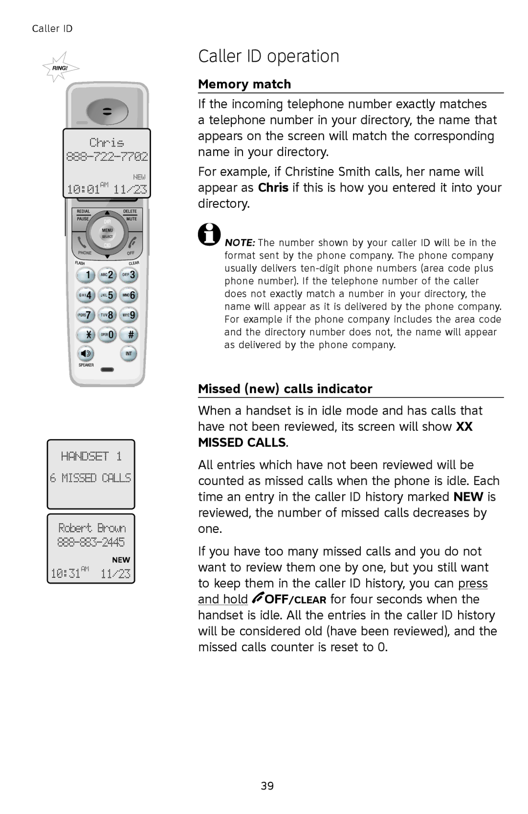 AT&T SL82558 user manual Memory match, Missed new calls indicator 