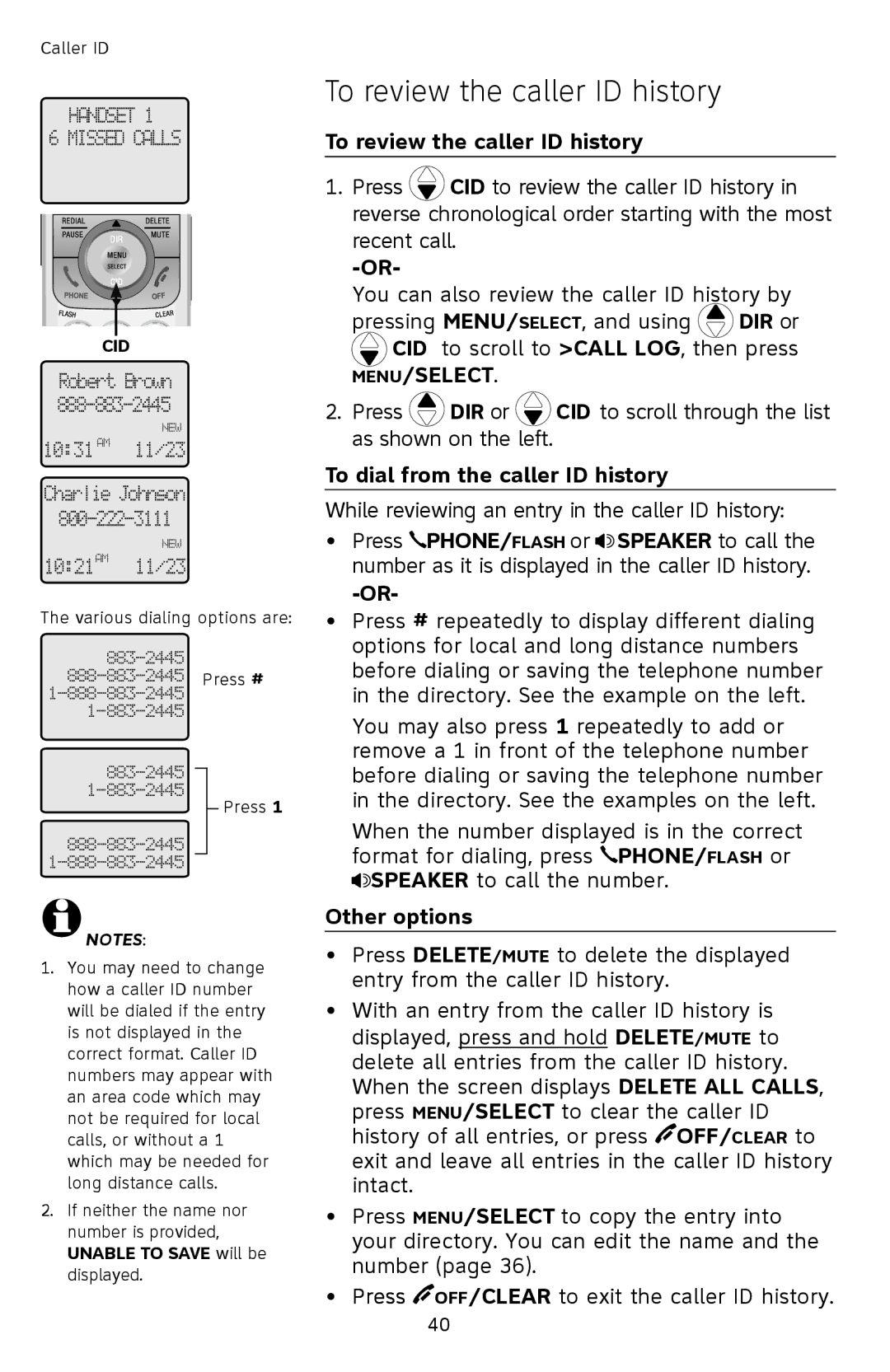 AT&T SL82558 user manual To review the caller ID history, To dial from the caller ID history, Other options 