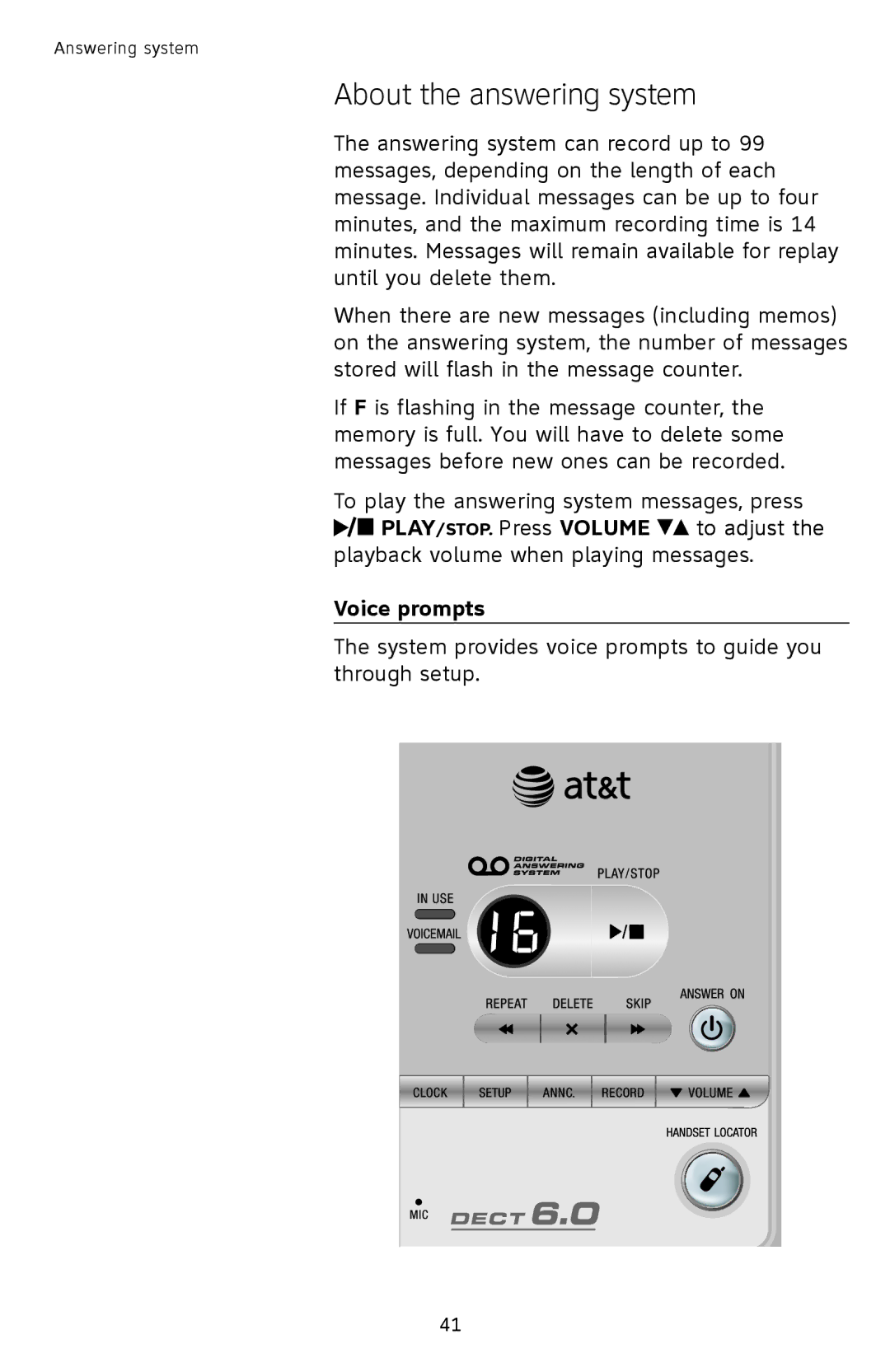 AT&T SL82558 user manual About the answering system, Voice prompts 