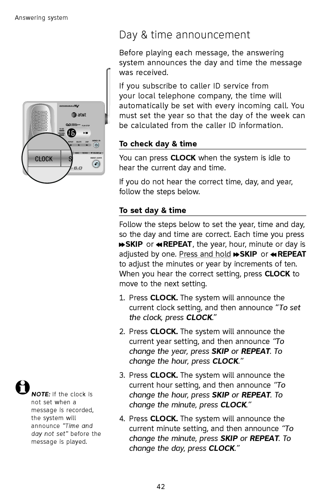 AT&T SL82558 user manual Day & time announcement, To check day & time, To set day & time 