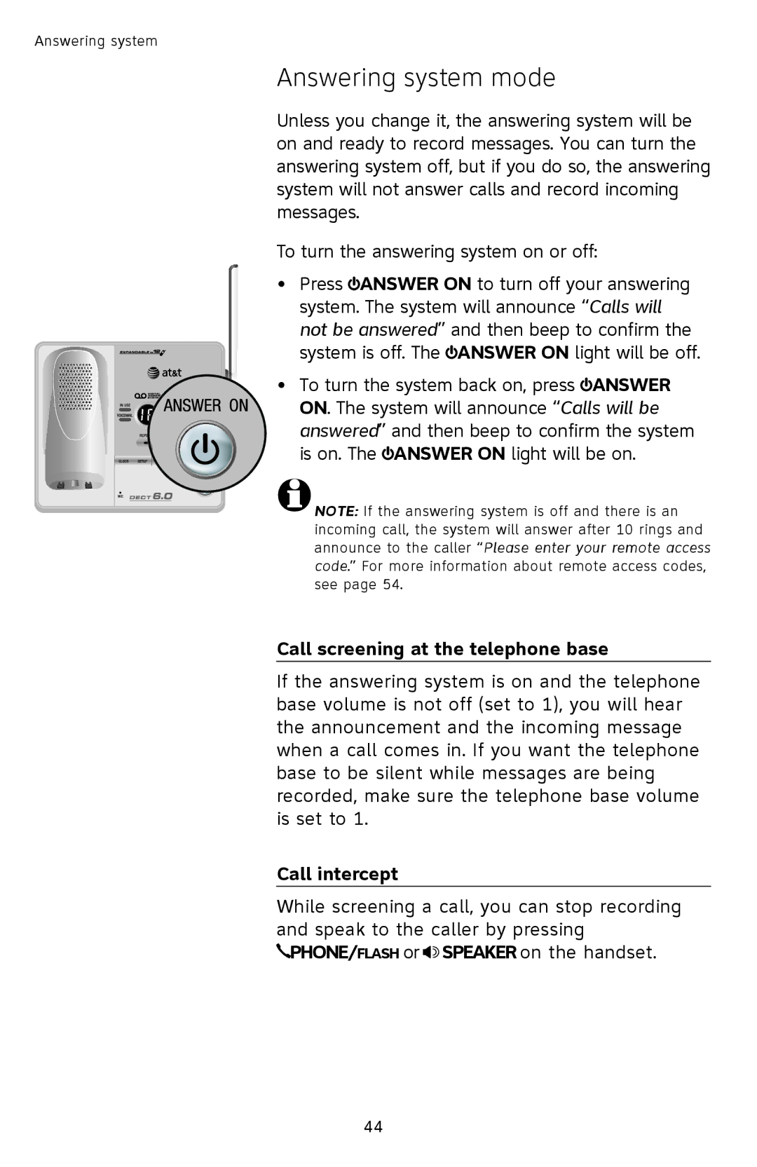 AT&T SL82558 user manual Answering system mode, Call screening at the telephone base, Call intercept 