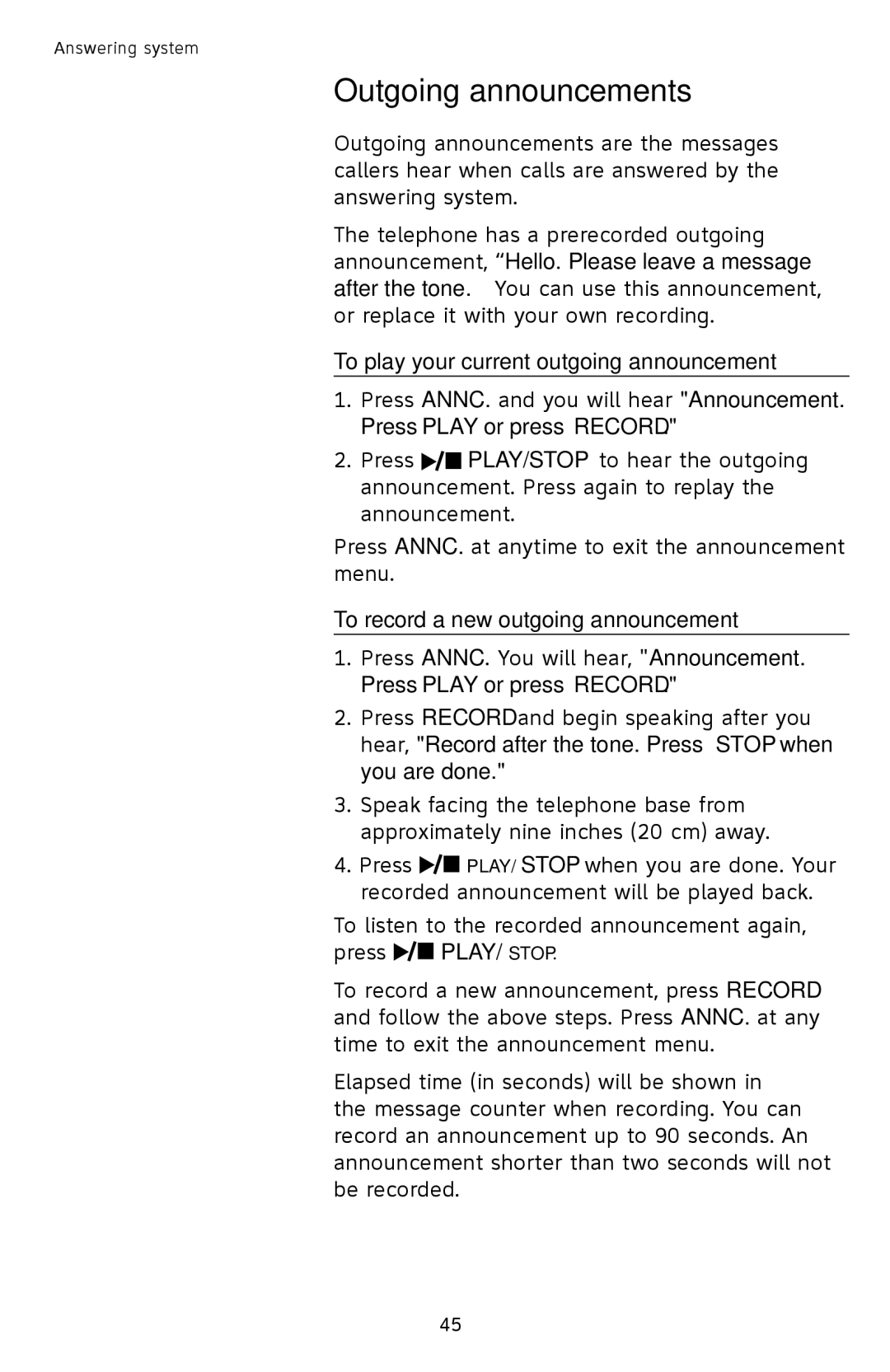 AT&T SL82558 Outgoing announcements, To play your current outgoing announcement, To record a new outgoing announcement 