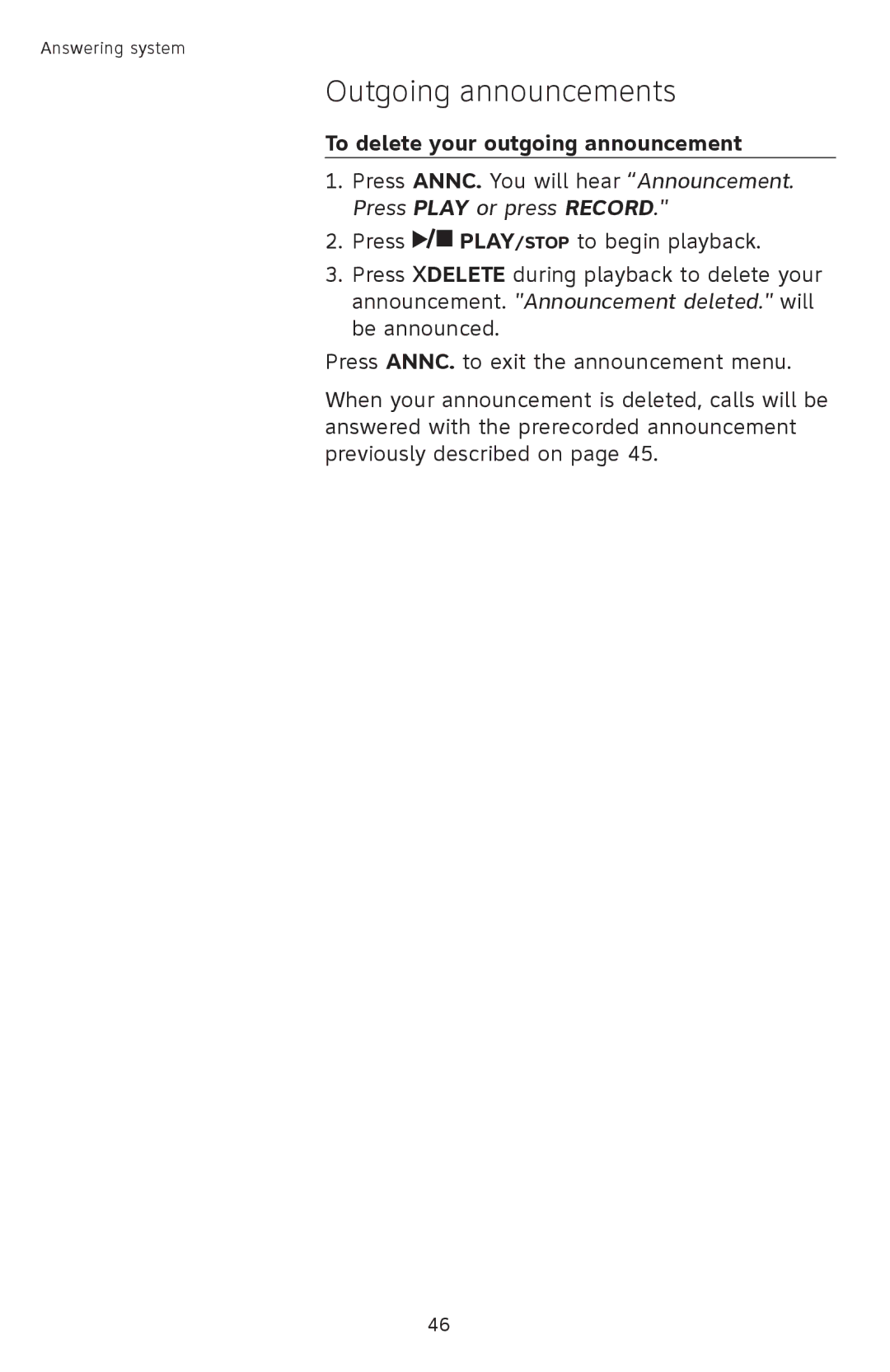 AT&T SL82558 user manual To delete your outgoing announcement 