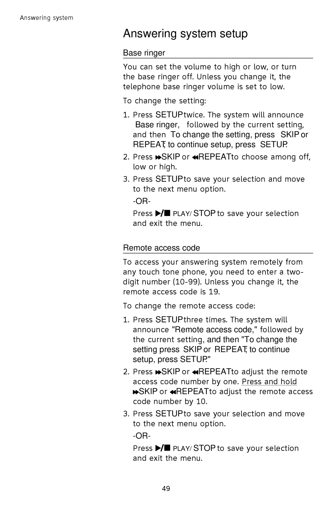 AT&T SL82558 user manual Base ringer, Remote access code 