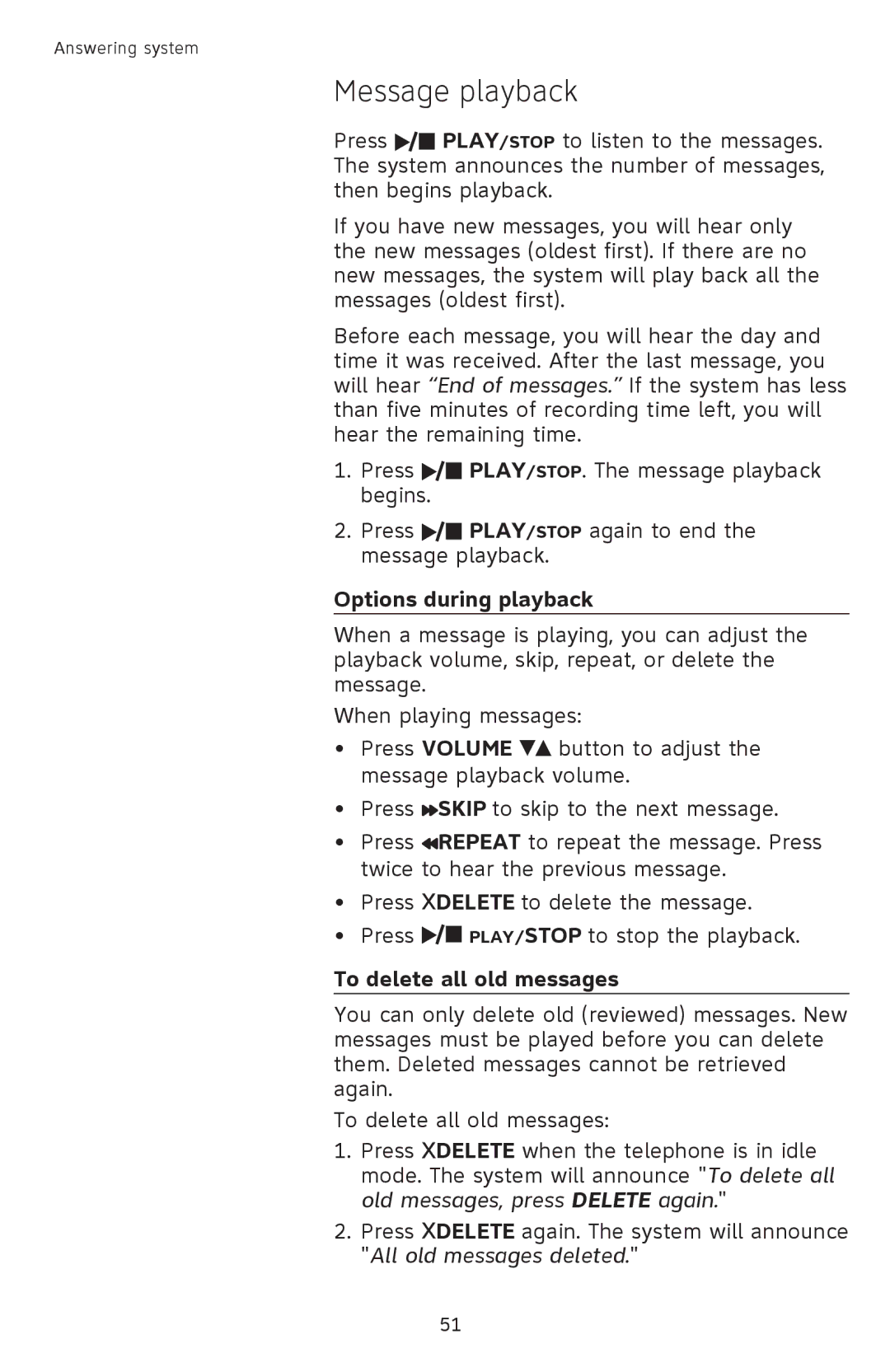 AT&T SL82558 user manual Message playback, Options during playback, To delete all old messages 