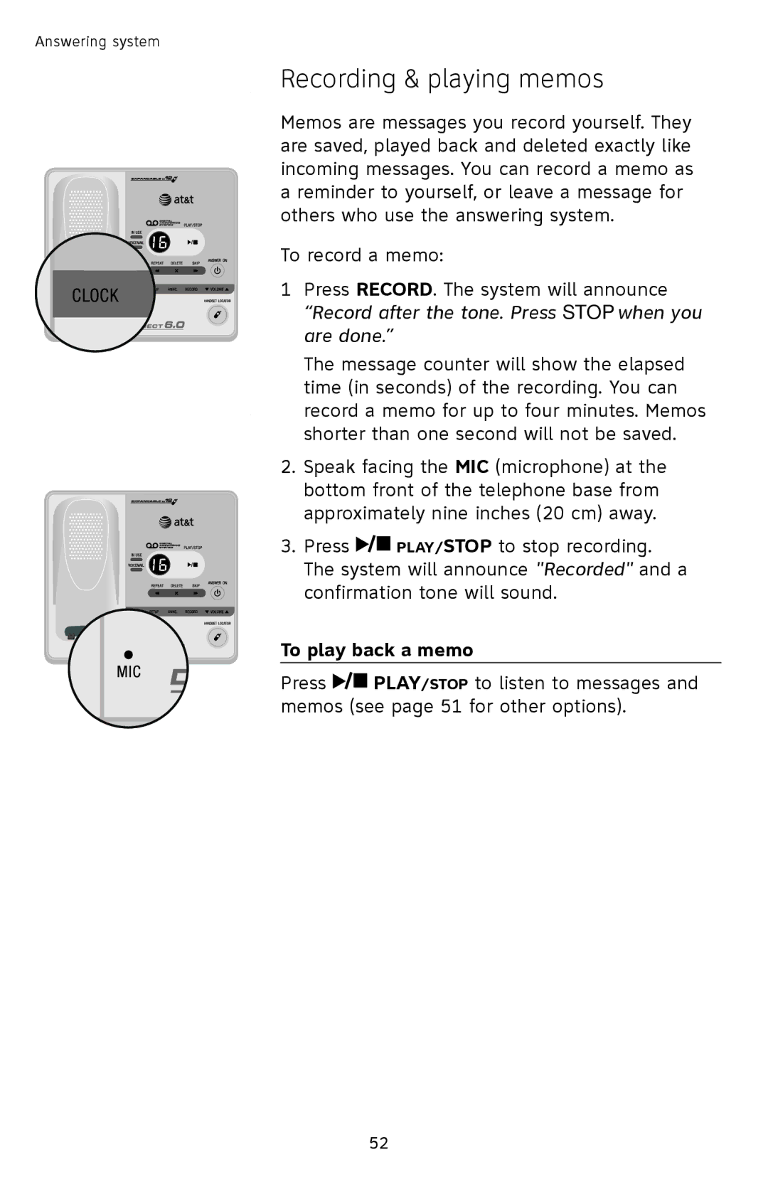 AT&T SL82558 user manual Recording & playing memos, To play back a memo 