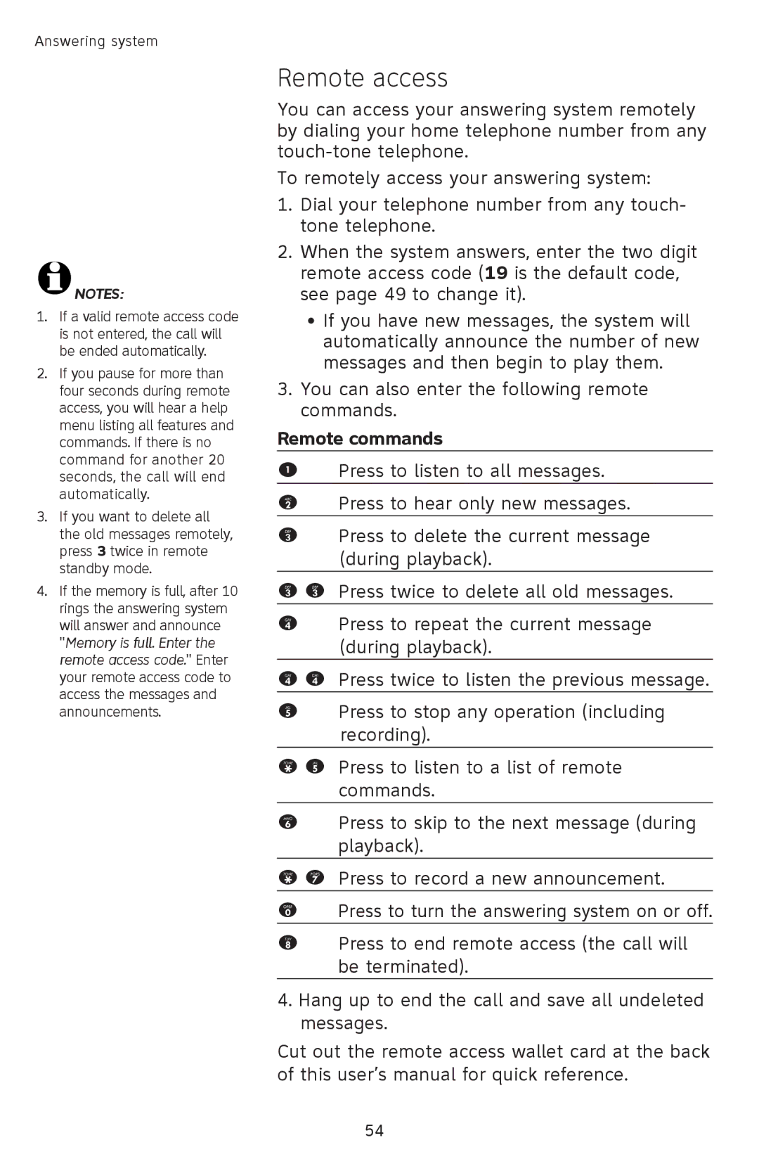 AT&T SL82558 user manual Remote access, Remote commands 