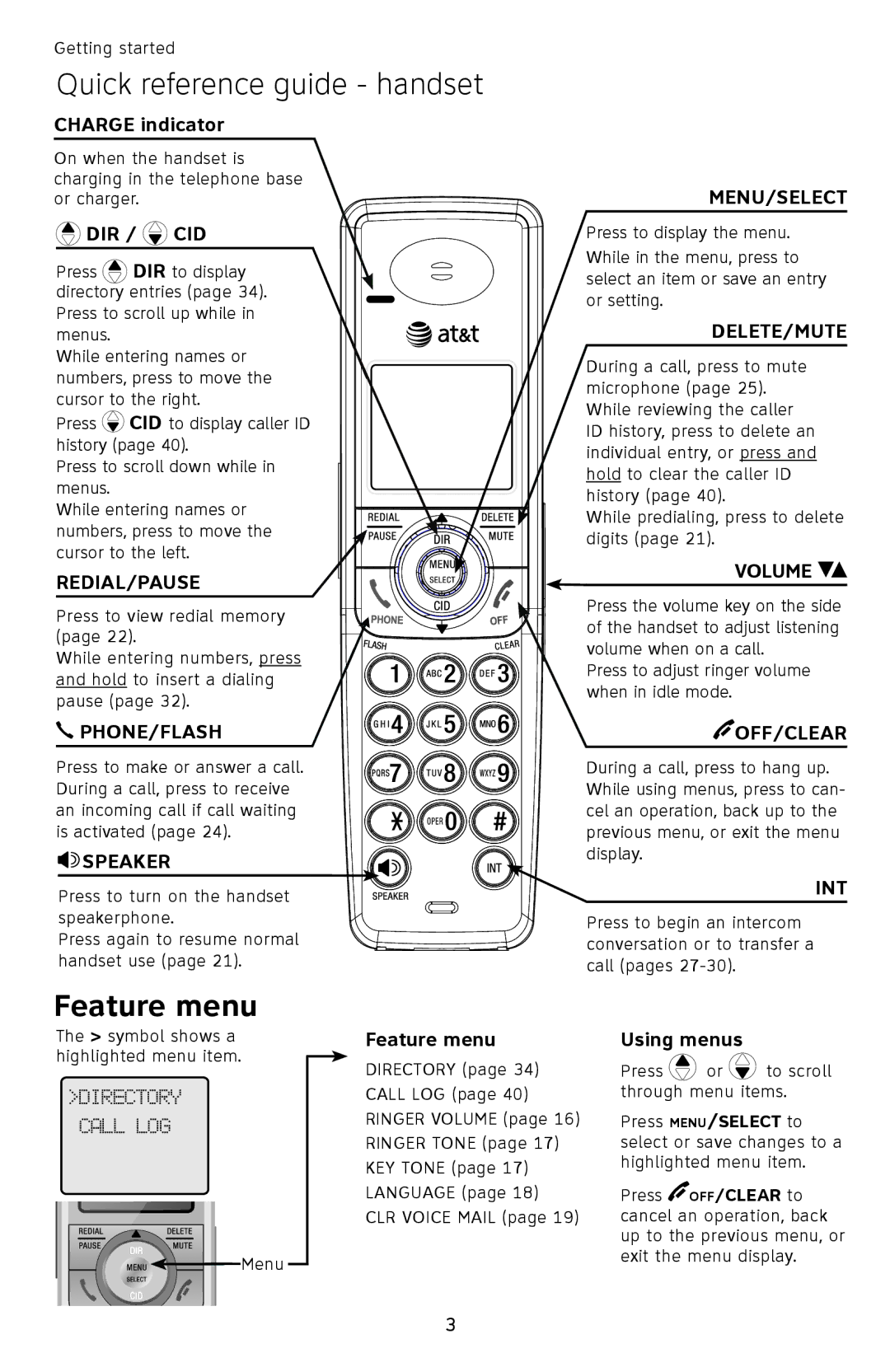 AT&T SL82558 user manual Quick reference guide handset, Dir / Cid 