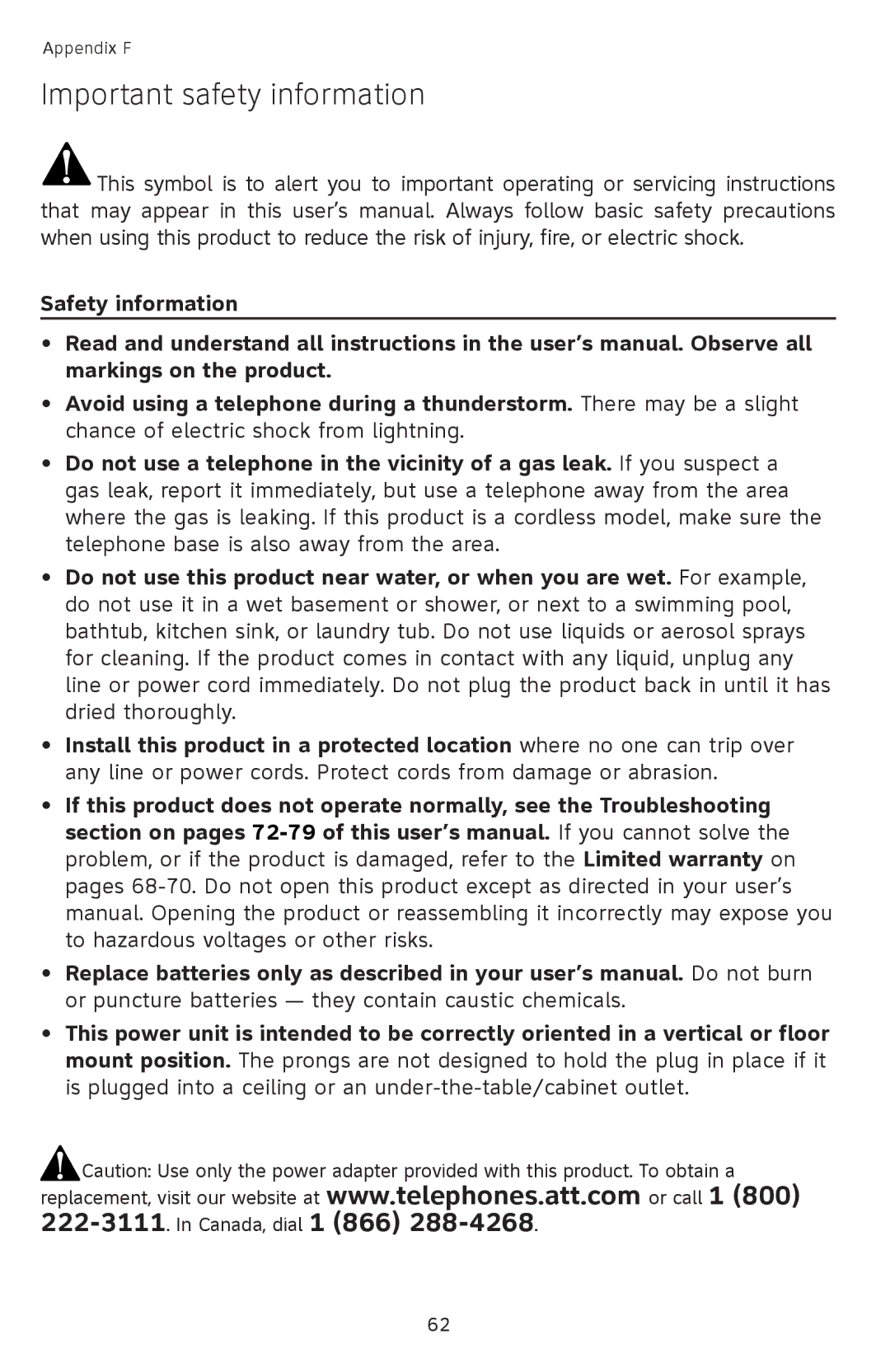 AT&T SL82558 user manual Important safety information 