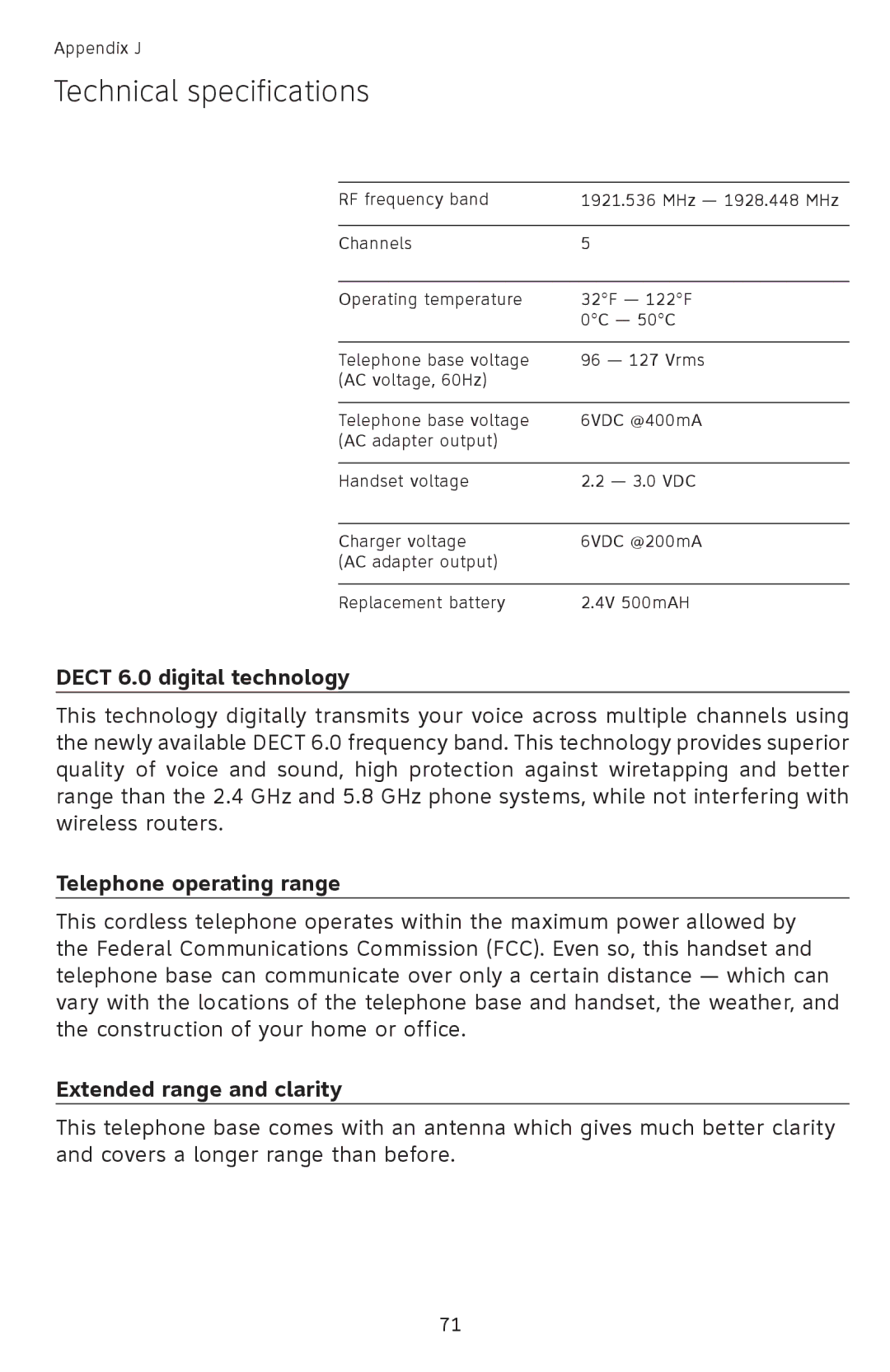 AT&T SL82558 Technical specifications, Dect 6.0 digital technology, Telephone operating range, Extended range and clarity 