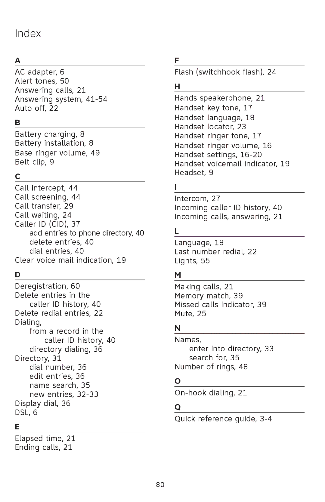 AT&T SL82558 user manual Index 