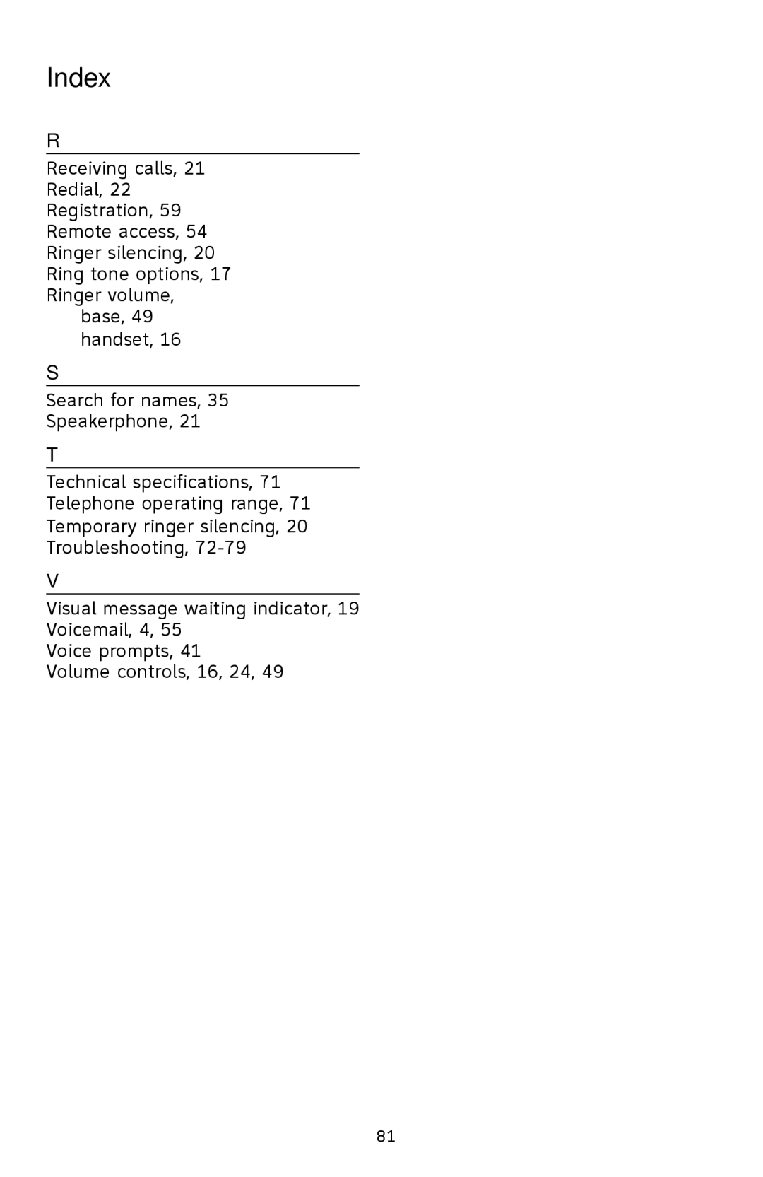 AT&T SL82558 user manual Index 