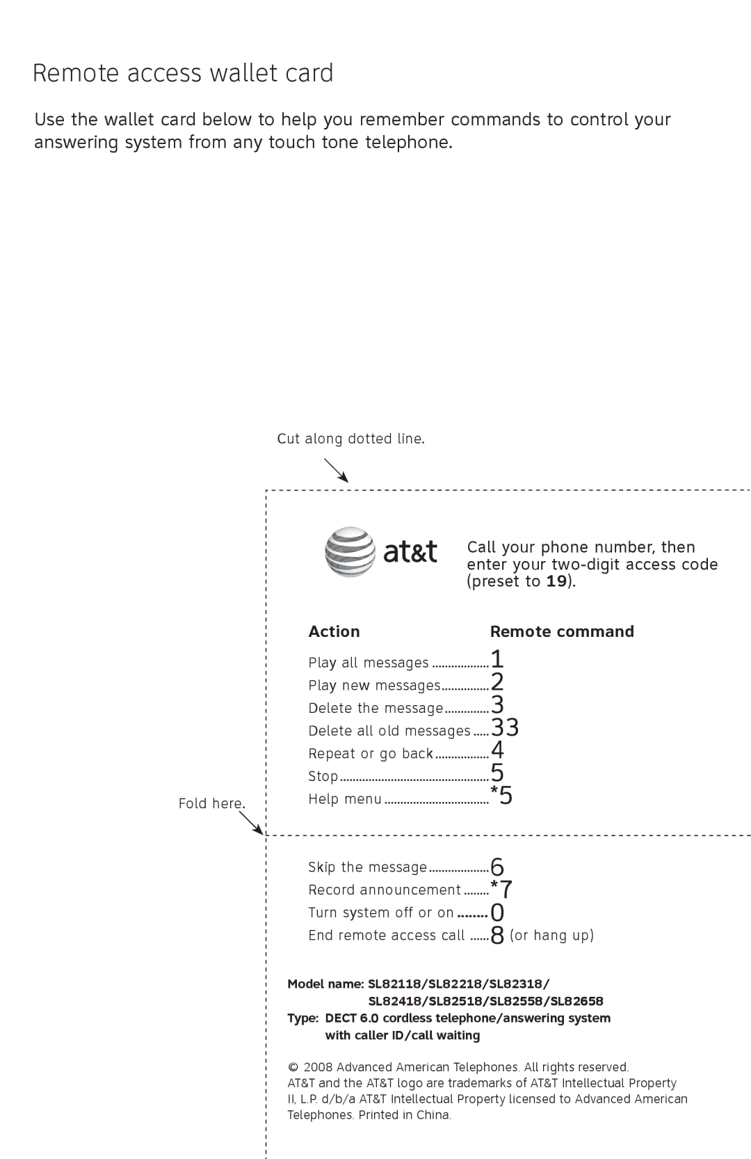 AT&T SL82558 user manual Remote access wallet card, Action Remote command 