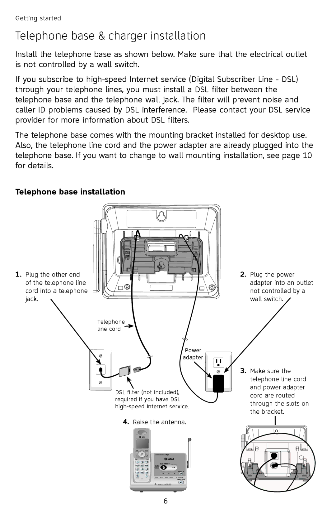 AT&T SL82558 user manual Telephone base & charger installation, Telephone base installation 