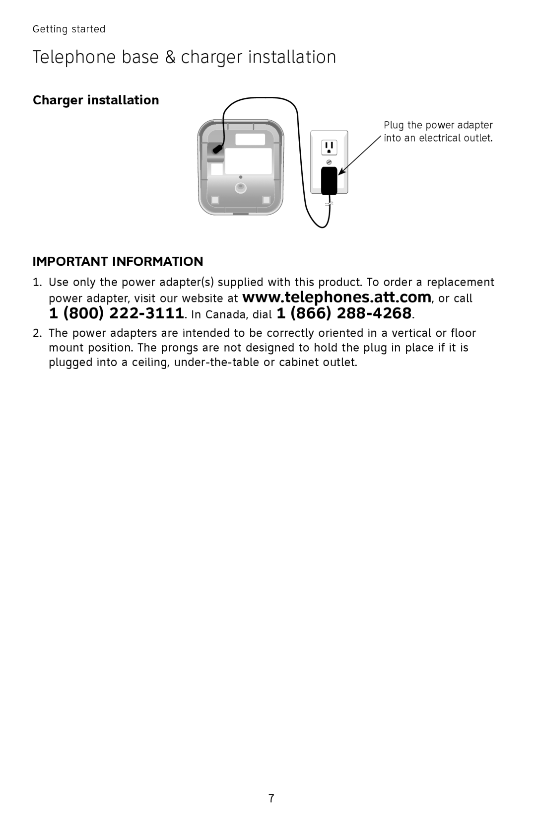 AT&T SL82658, SL82558, SL82518, SL82318, SL82118 user manual 800 222-3111. In Canada, dial 1 866, Charger installation 