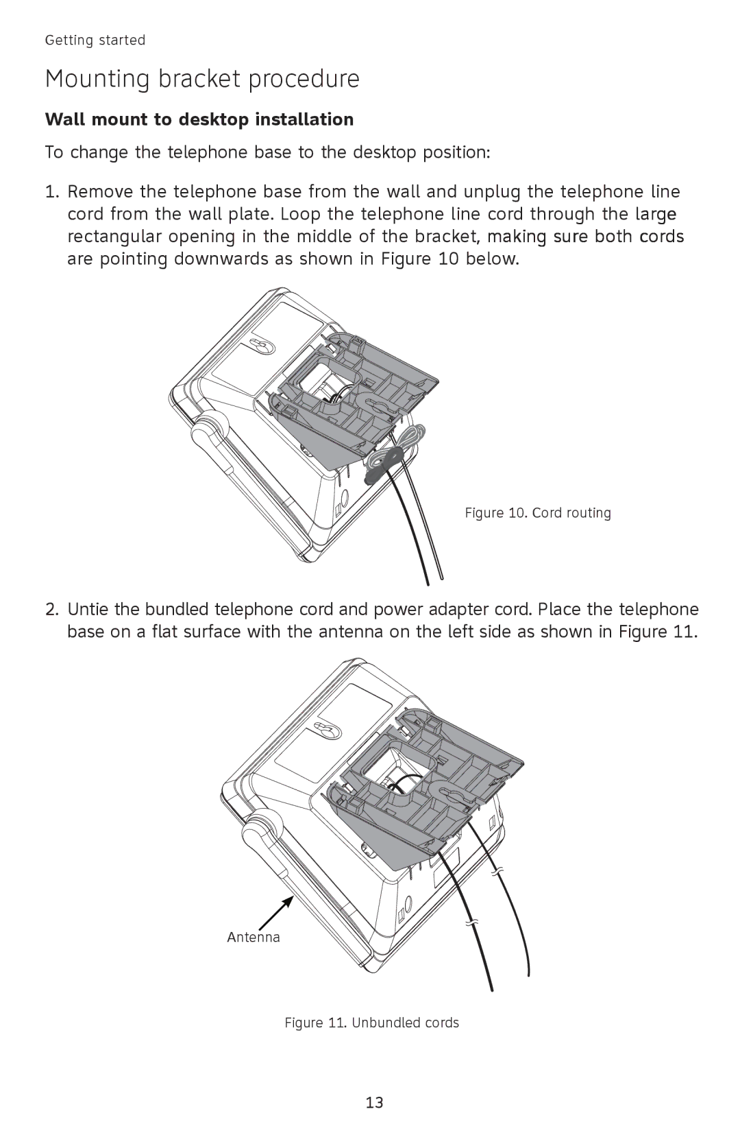 AT&T SL82558, SL82658, SL82518, SL82318, SL82118 user manual Wall mount to desktop installation, Unbundled cords 