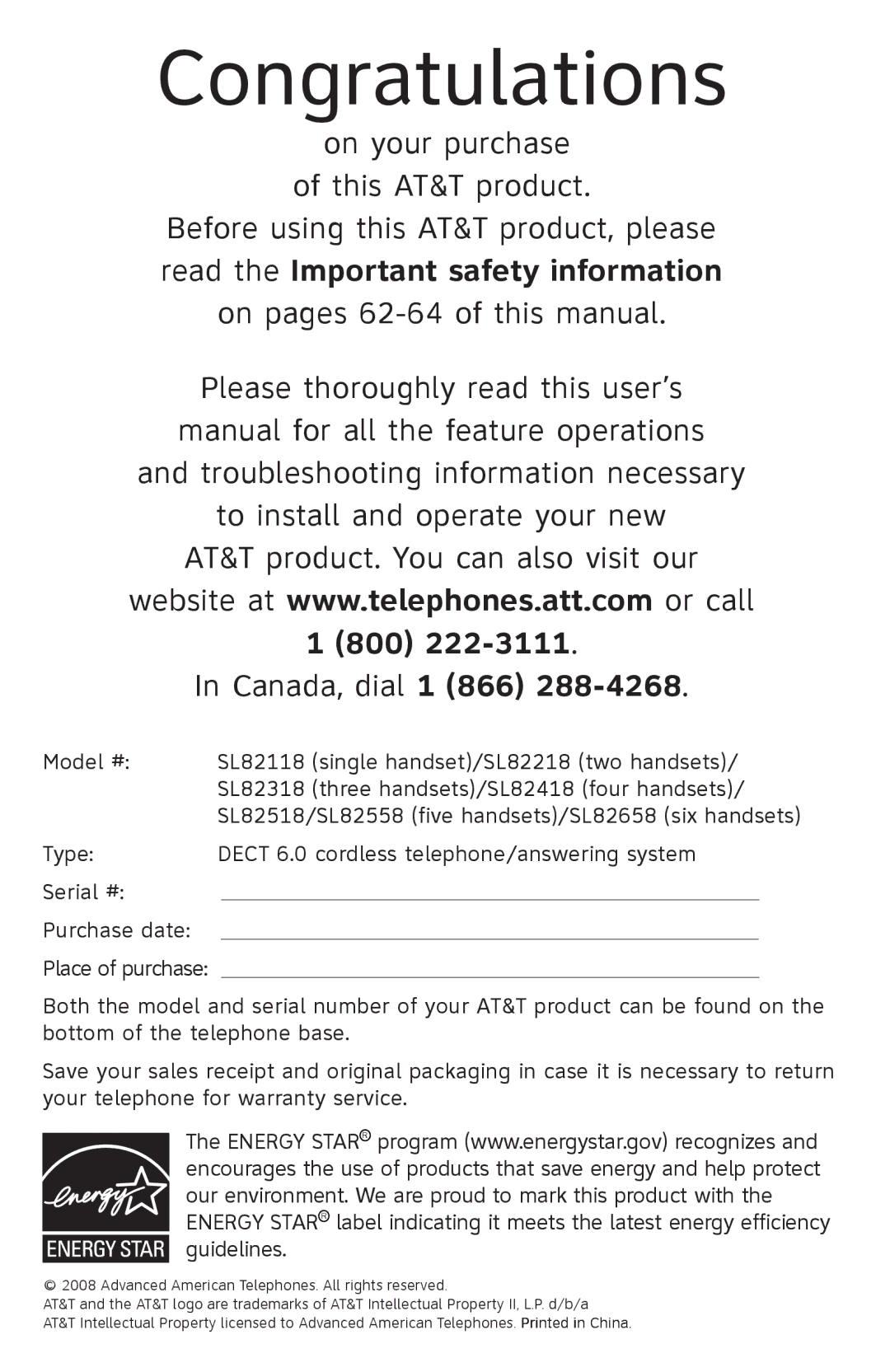 AT&T SL82518, SL82658, SL82558, SL82318, SL82118 user manual On your purchase of this AT&T product, Canada, dial 1 866 