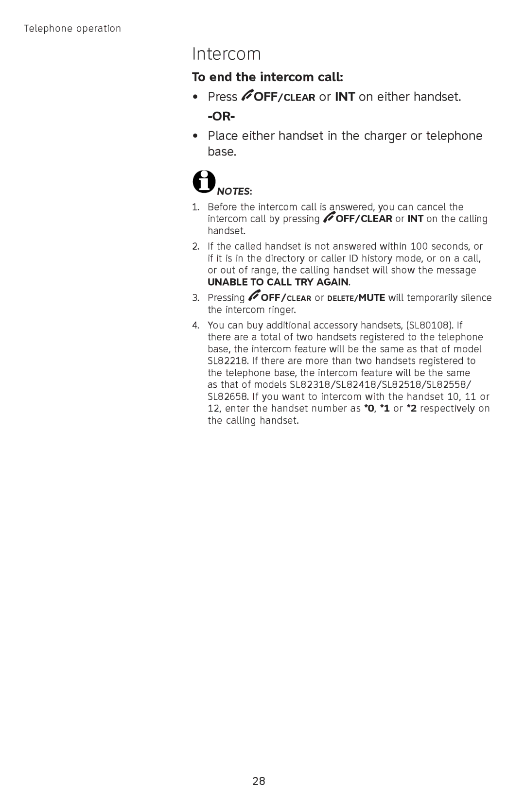 AT&T SL82558, SL82658, SL82518, SL82318, SL82118 user manual To end the intercom call, Unable to Call TRY Again 