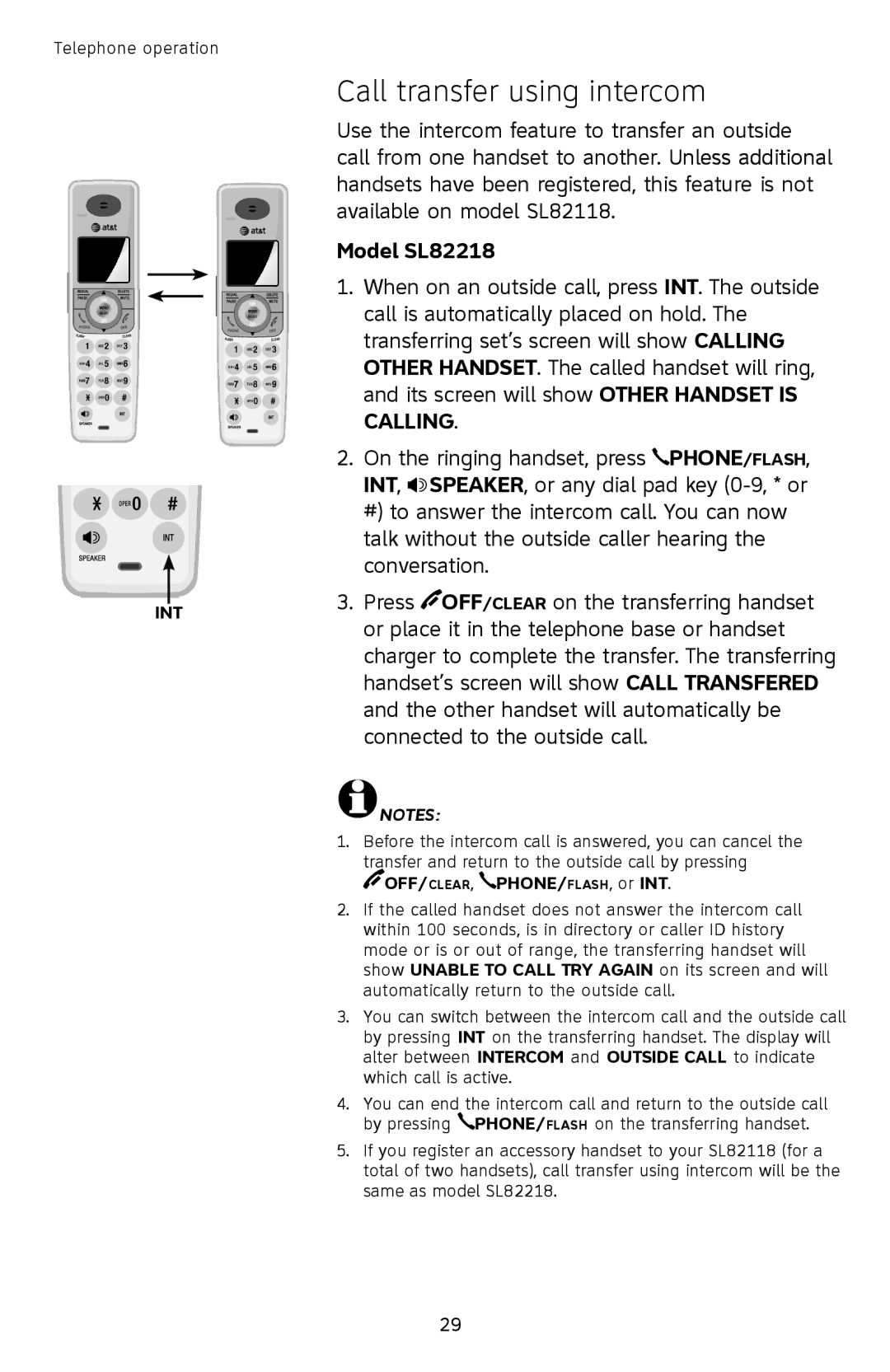 AT&T SL82518, SL82658, SL82558, SL82318, SL82118 user manual Call transfer using intercom, OFF/CLEAR, PHONE/FLASH, or INT 