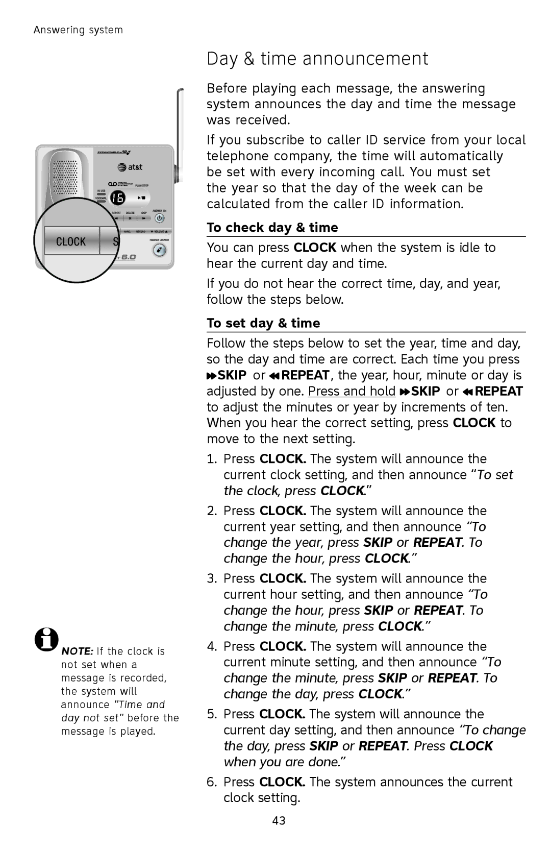 AT&T SL82558, SL82658, SL82518, SL82318, SL82118 user manual Day & time announcement, To check day & time, To set day & time 