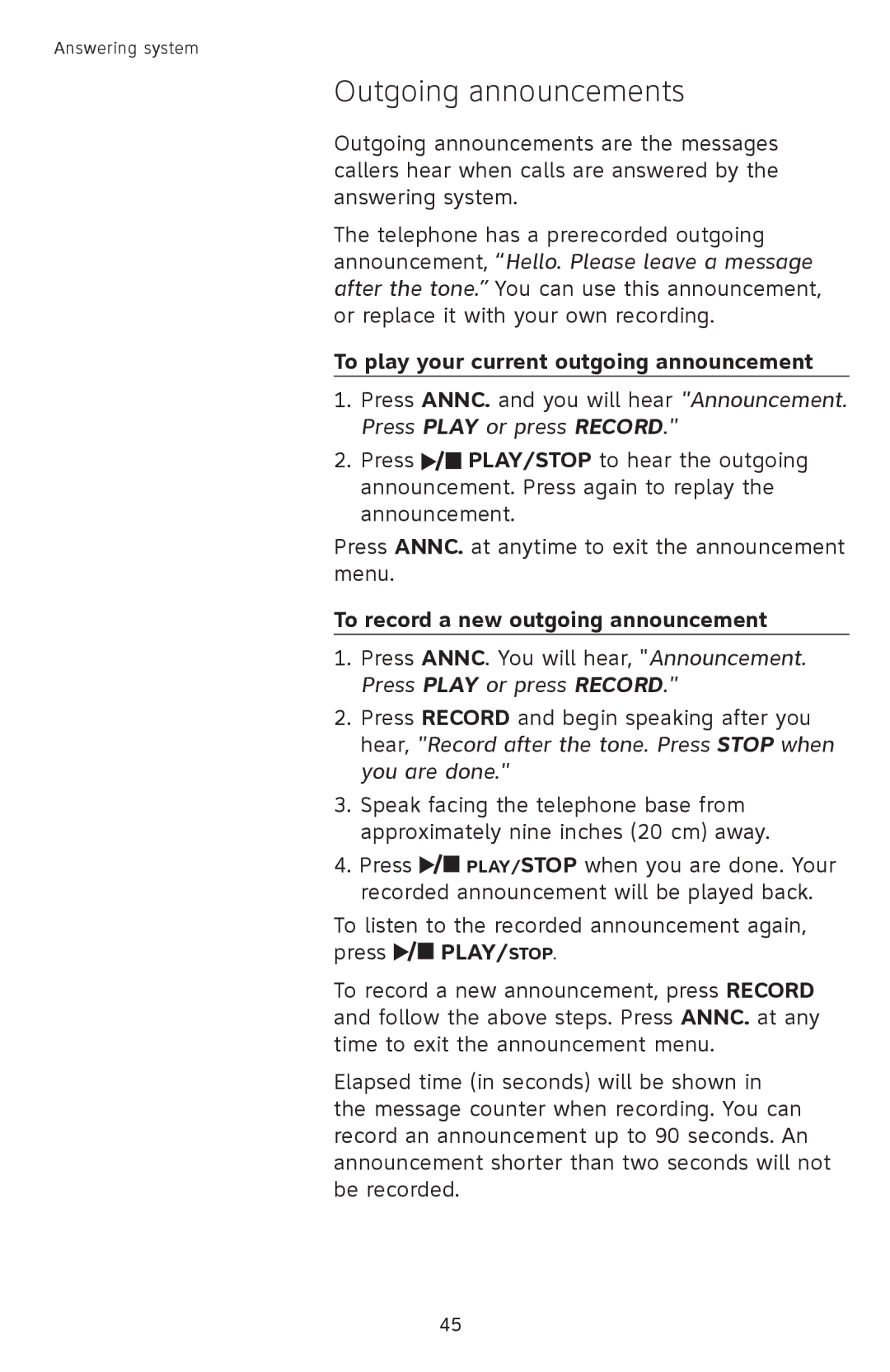 AT&T SL82318 Outgoing announcements, To play your current outgoing announcement, To record a new outgoing announcement 