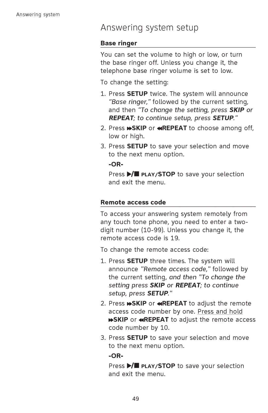 AT&T SL82518, SL82658, SL82558, SL82318, SL82118 user manual Base ringer, Remote access code 