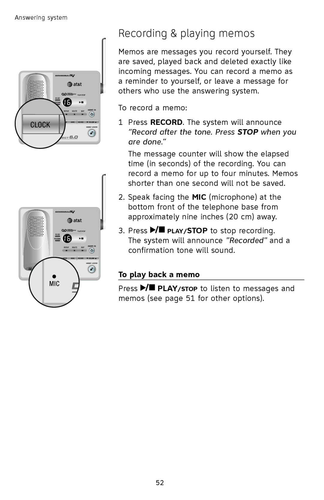 AT&T SL82658, SL82558, SL82518, SL82318, SL82118 user manual Recording & playing memos, To play back a memo 