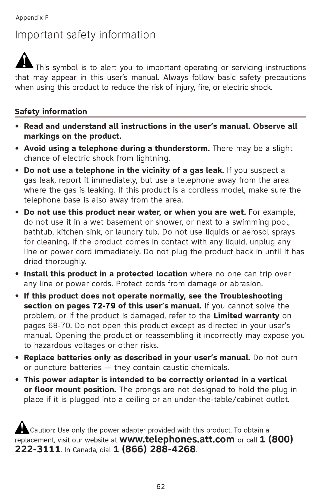 AT&T SL82658, SL82558, SL82518, SL82318, SL82118 user manual Important safety information 