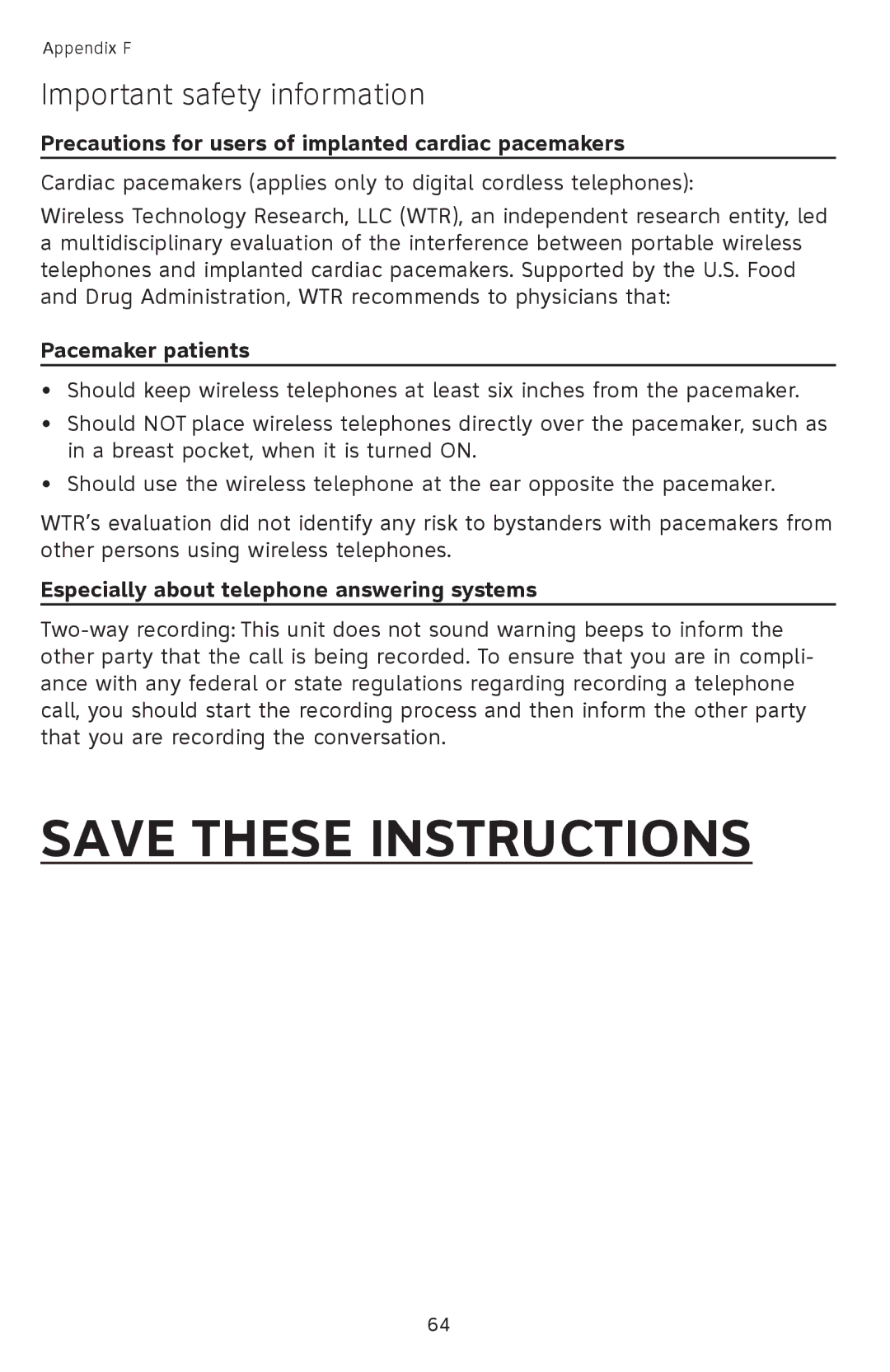 AT&T SL82518, SL82658, SL82558, SL82318, SL82118 Precautions for users of implanted cardiac pacemakers, Pacemaker patients 