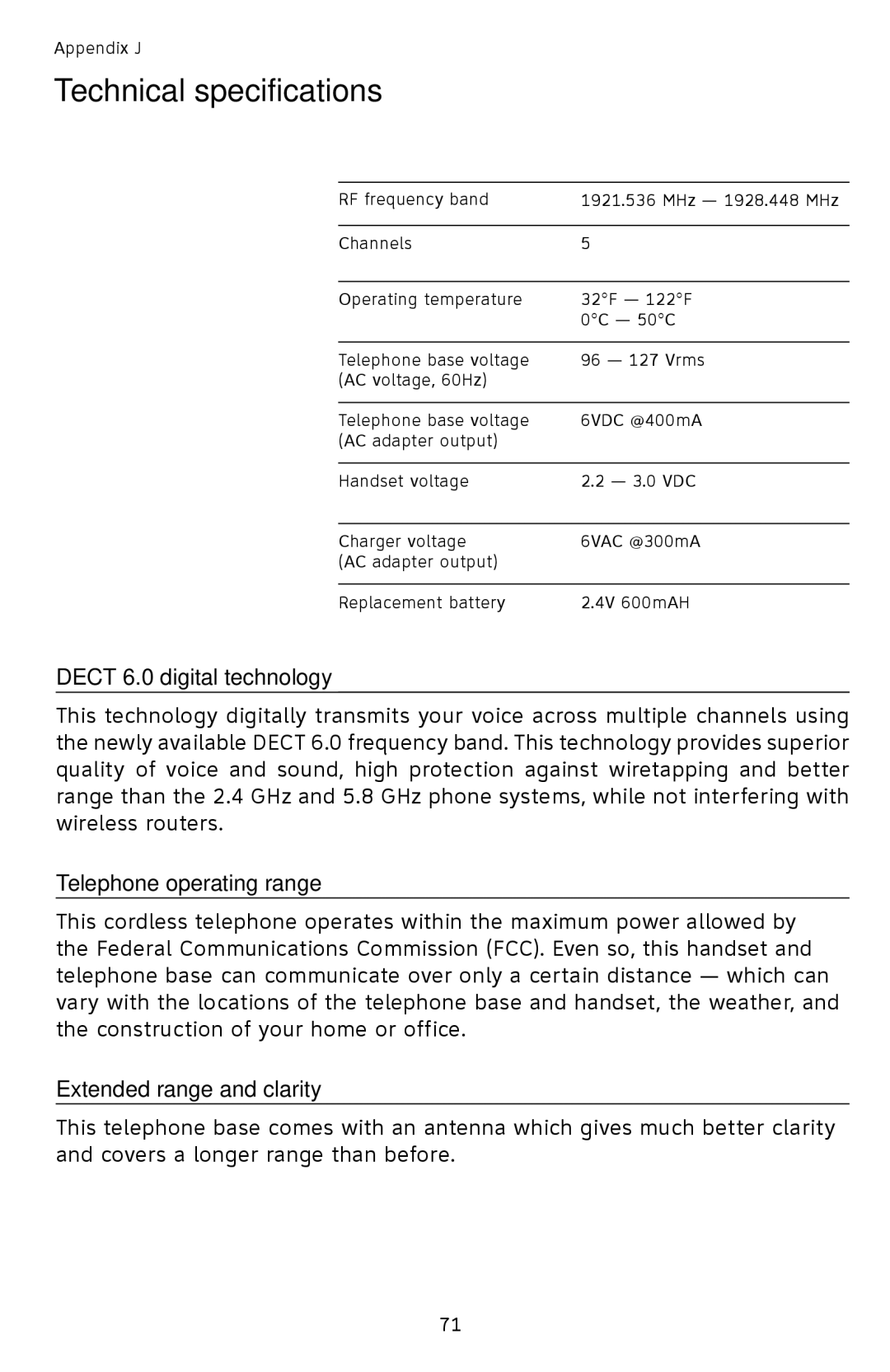 AT&T SL82118 Technical specifications, Dect 6.0 digital technology, Telephone operating range, Extended range and clarity 