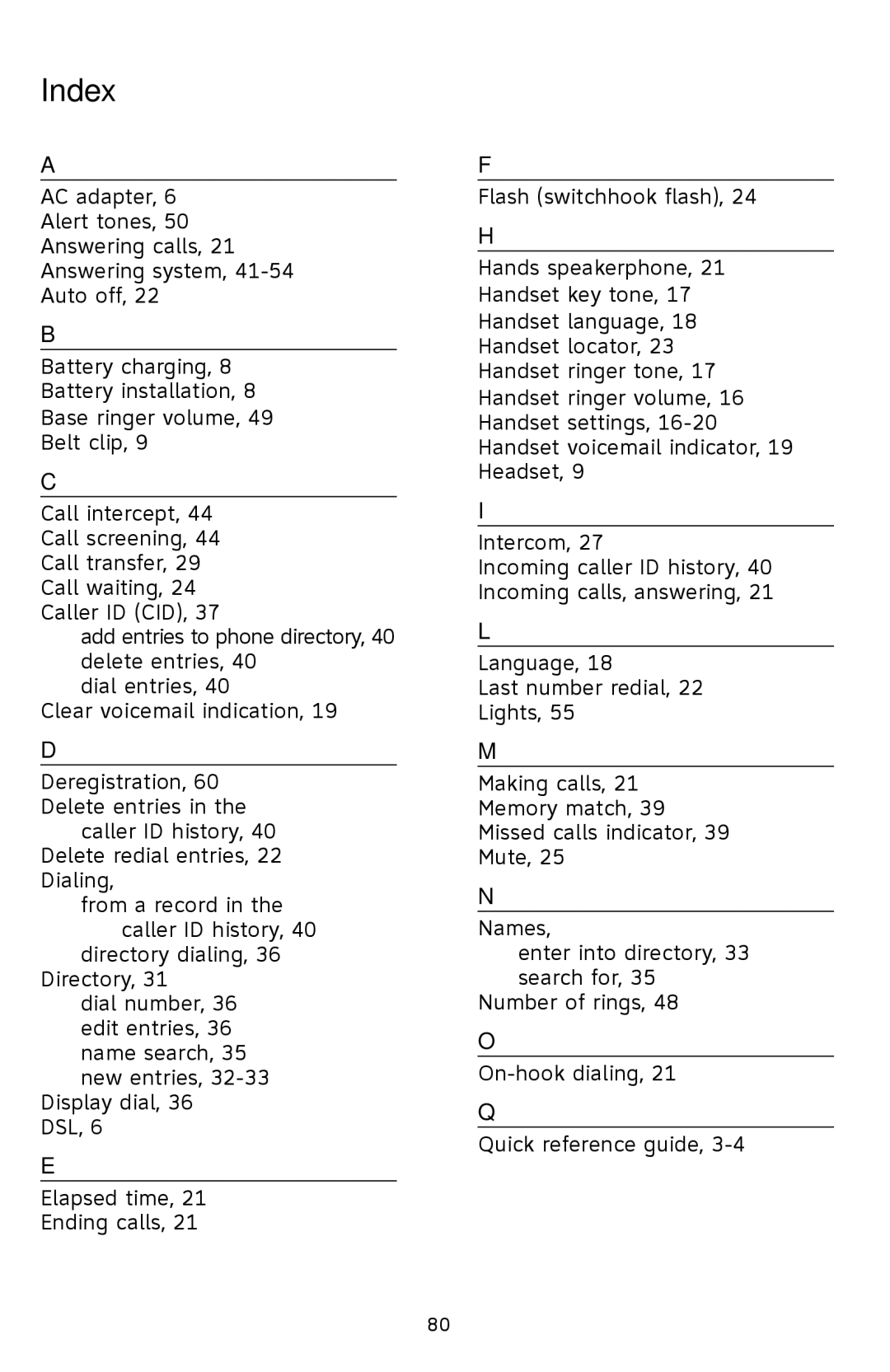 AT&T SL82318, SL82658, SL82558, SL82518, SL82118 user manual Index 