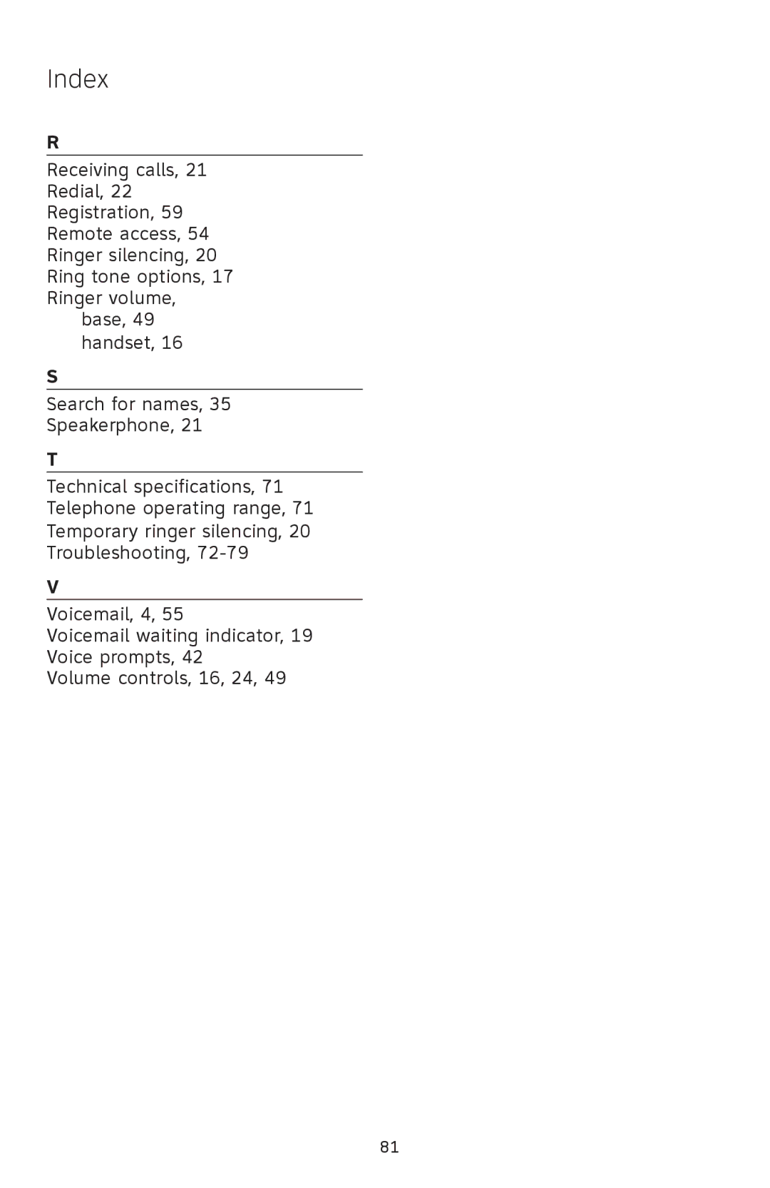 AT&T SL82118, SL82658, SL82558, SL82518, SL82318 user manual Index 