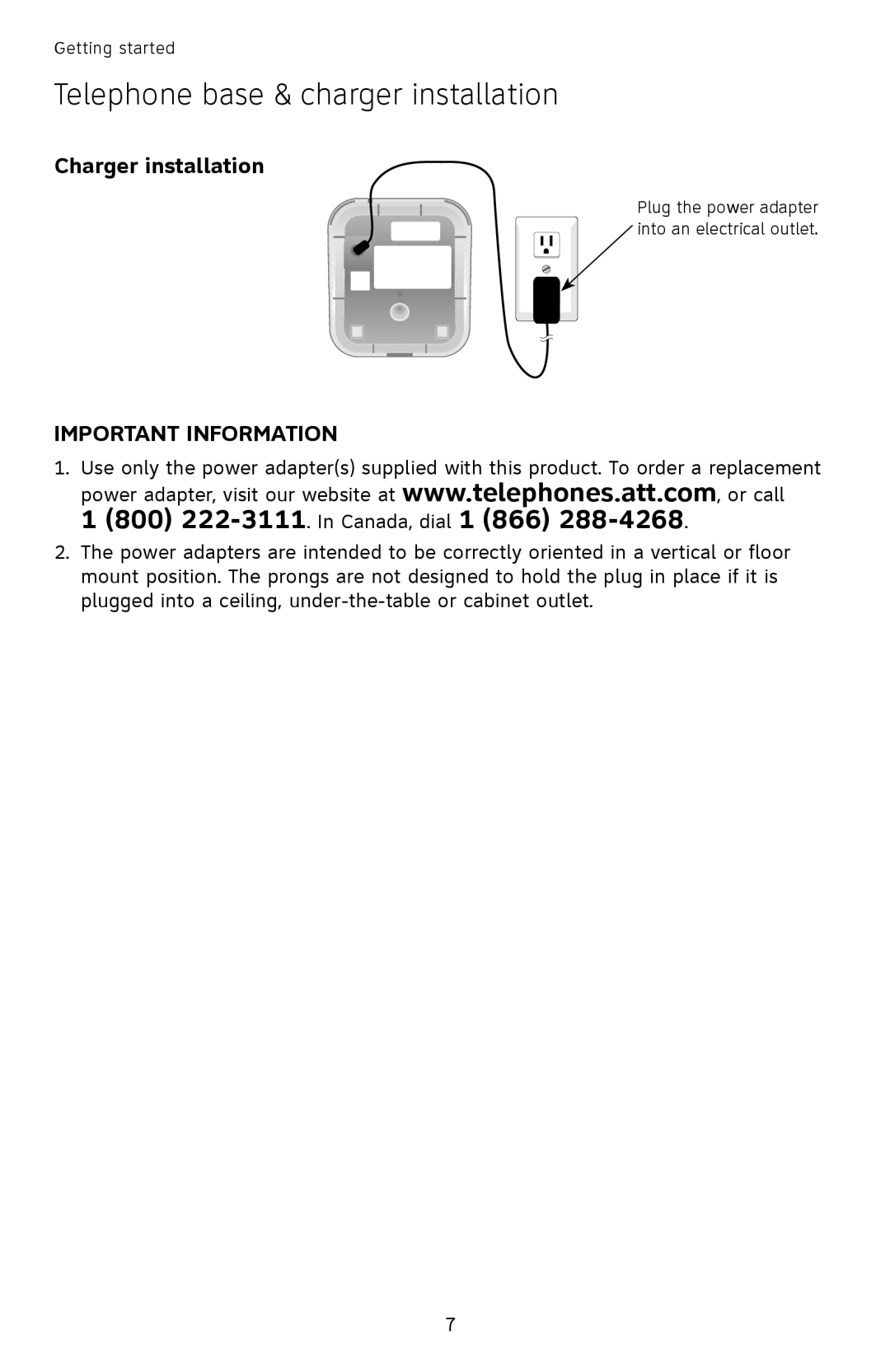 AT&T SL87218 user manual 800 222-3111. In Canada, dial 1 866, Charger installation 