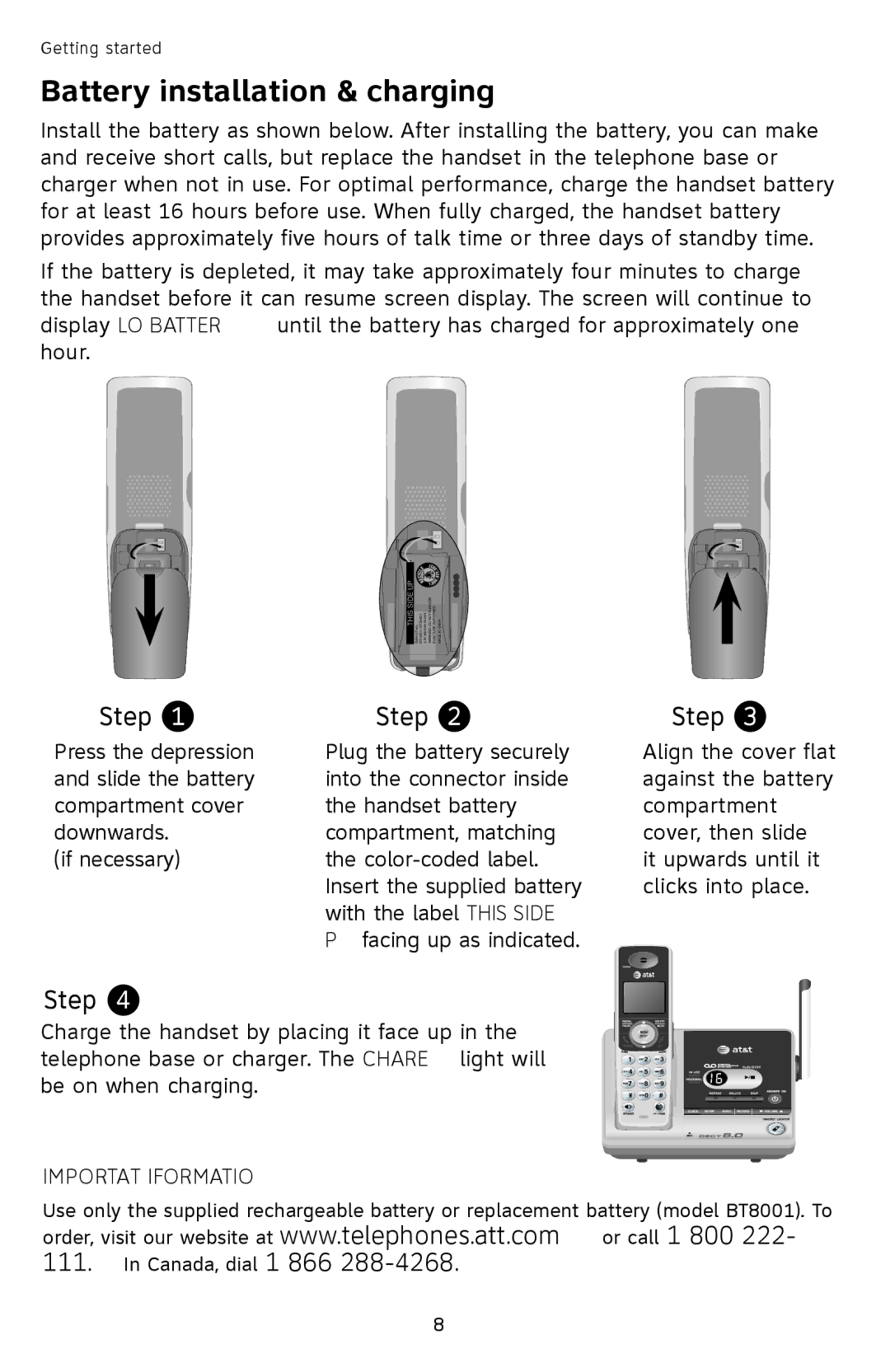 AT&T SL87218 user manual Battery installation & charging, Sideup 