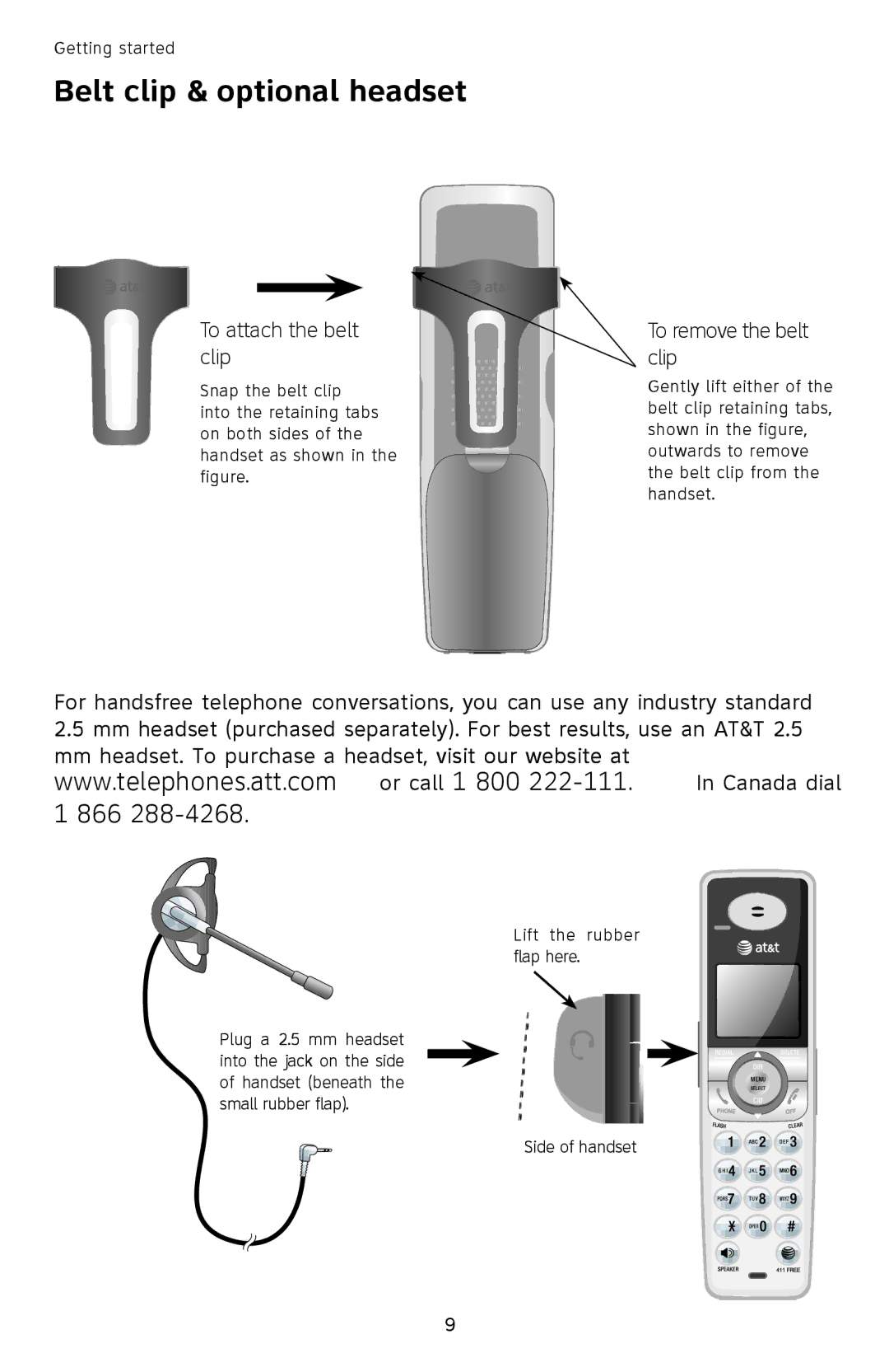 AT&T SL87218 user manual Belt clip & optional headset, To attach the belt clip, To remove the belt clip 