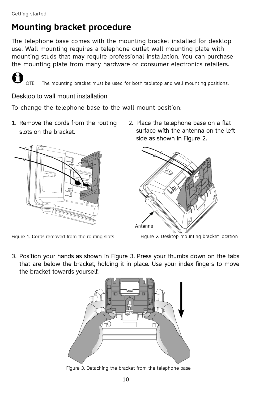 AT&T SL87218 user manual Mounting bracket procedure, Desktop to wall mount installation 