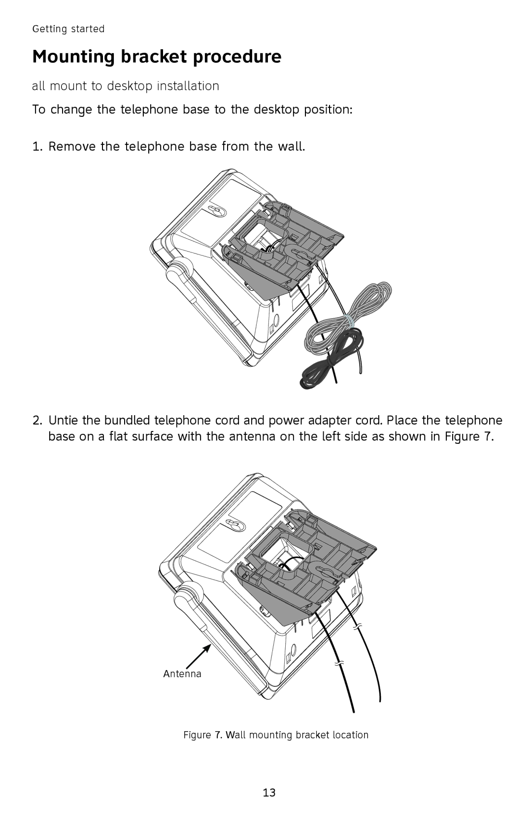 AT&T SL87218 user manual Wall mount to desktop installation, Wall mounting bracket location 