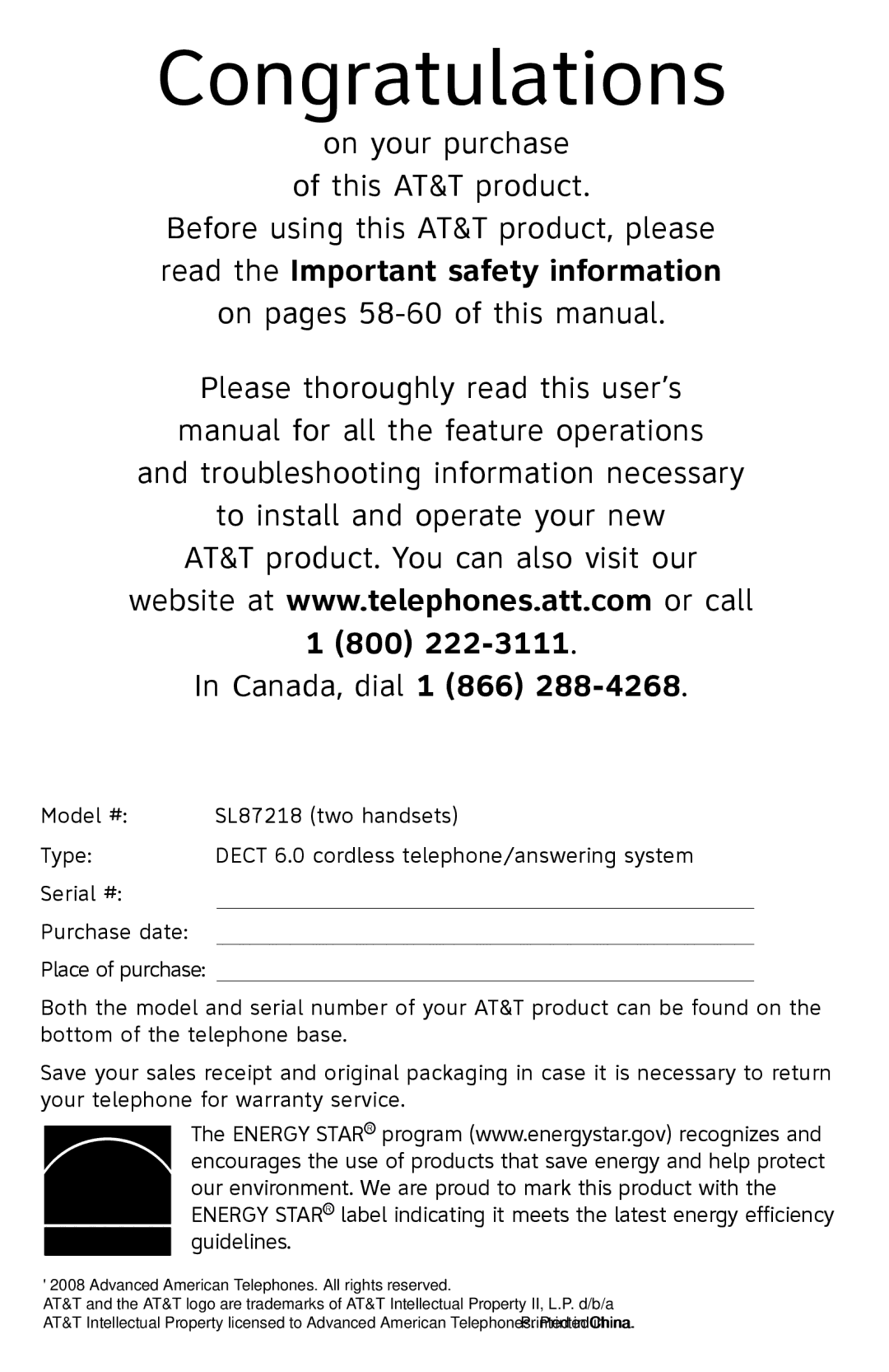 AT&T SL87218 user manual On your purchase of this AT&T product, Canada, dial 1 866 