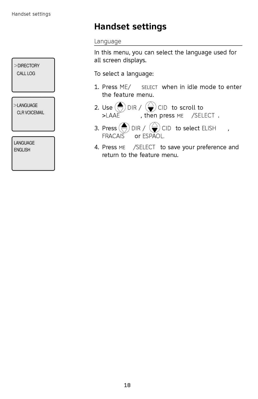 AT&T SL87218 user manual Language, Press DIR / CID to select ENGLISH, Francais or Espanol 