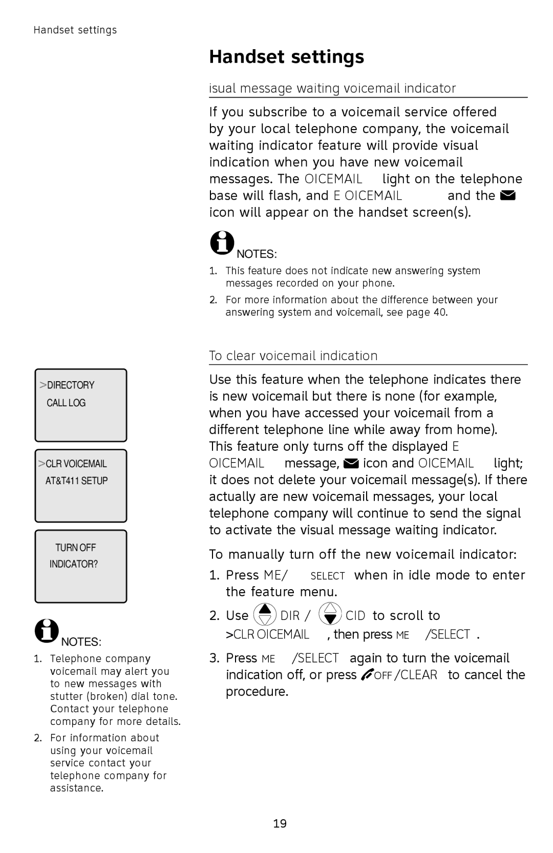 AT&T SL87218 user manual Visual message waiting voicemail indicator, To clear voicemail indication 