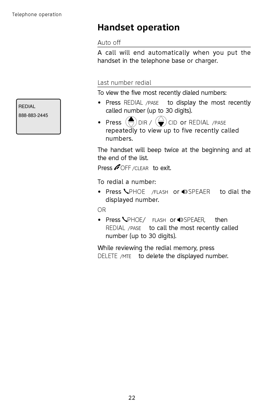 AT&T SL87218 user manual Auto off, Last number redial 