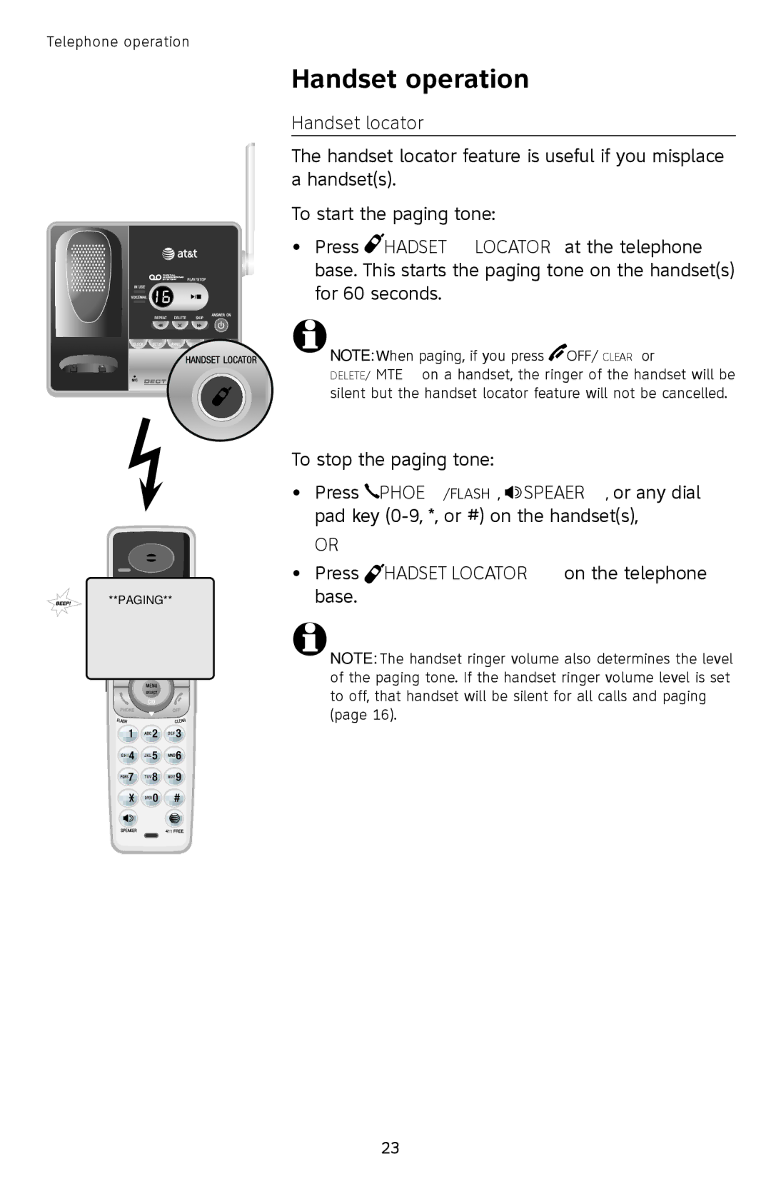 AT&T SL87218 user manual Handset locator, Press Handset Locator on the telephone base 