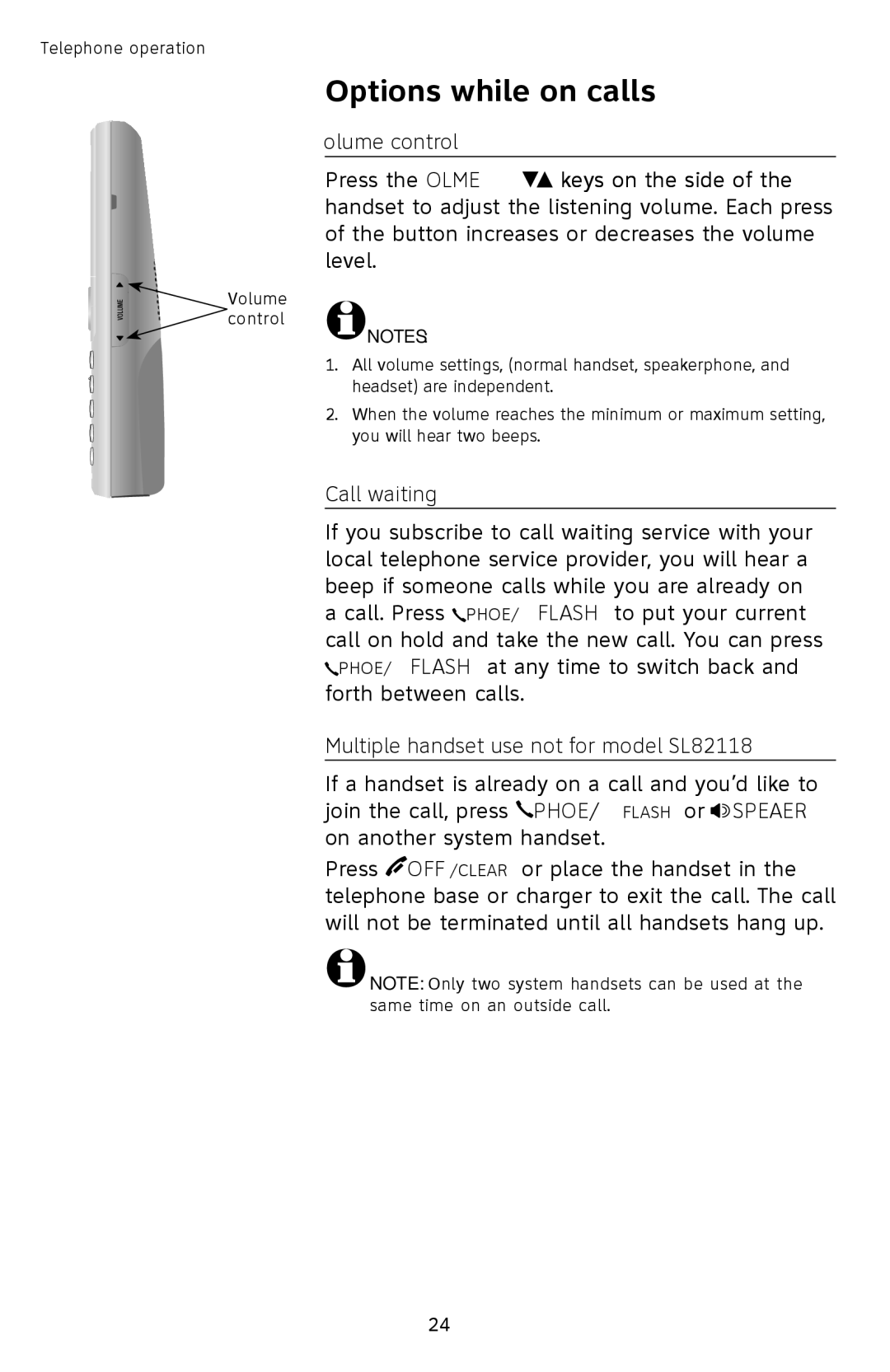 AT&T SL87218 user manual Options while on calls, Call waiting, Multiple handset use not for model SL82118 